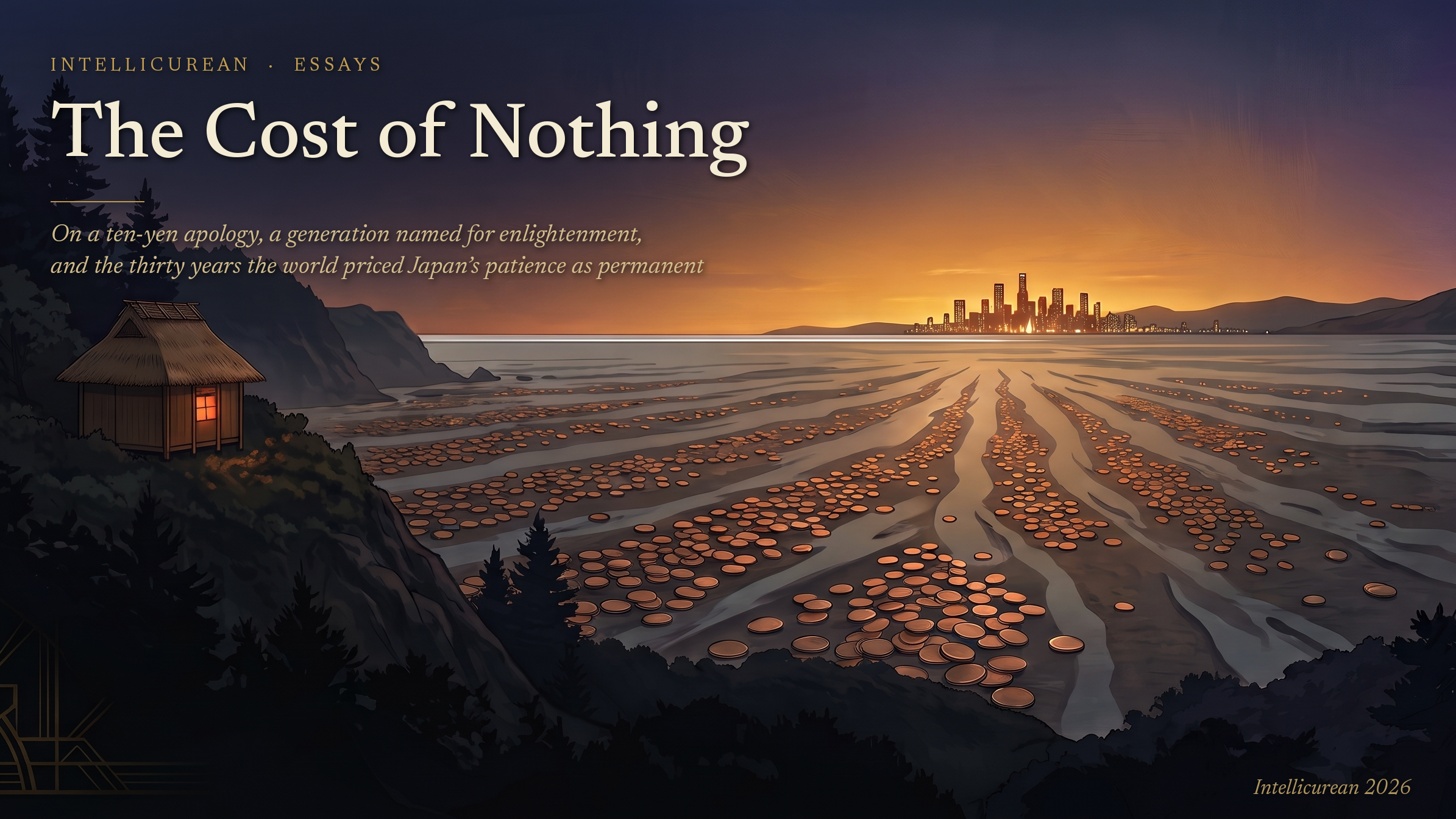 A tiny thatched hut with one lit window on a dark hillside, above a sea that has drawn far out, its bed covered in bronze coins leading to a distant glowing city