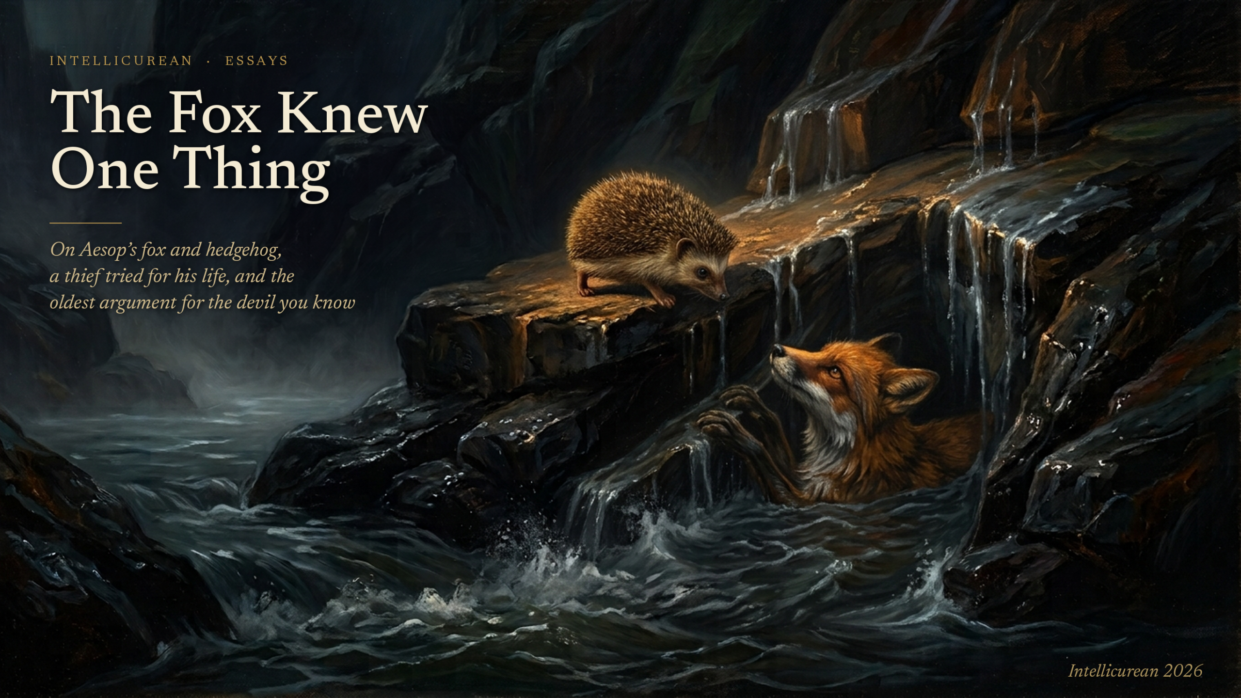 A soaked red fox trapped chest-deep in a hole in dark river rocks looks up at a hedgehog on the lit ledge above her