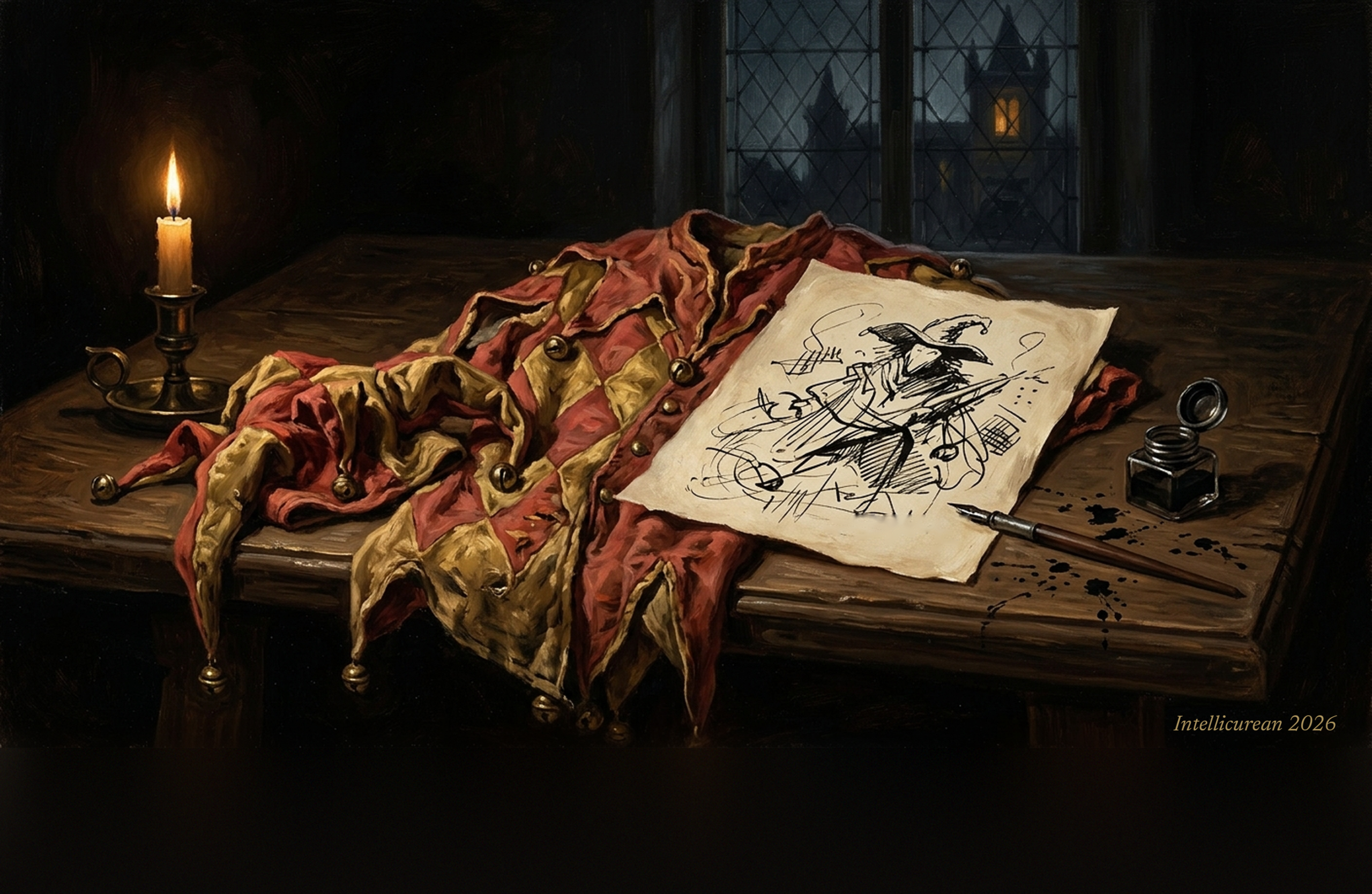 A jester’s red and gold motley coat thrown across a candlelit table beside an ink caricature, a pen and an inkwell, with a palace silhouetted through the window