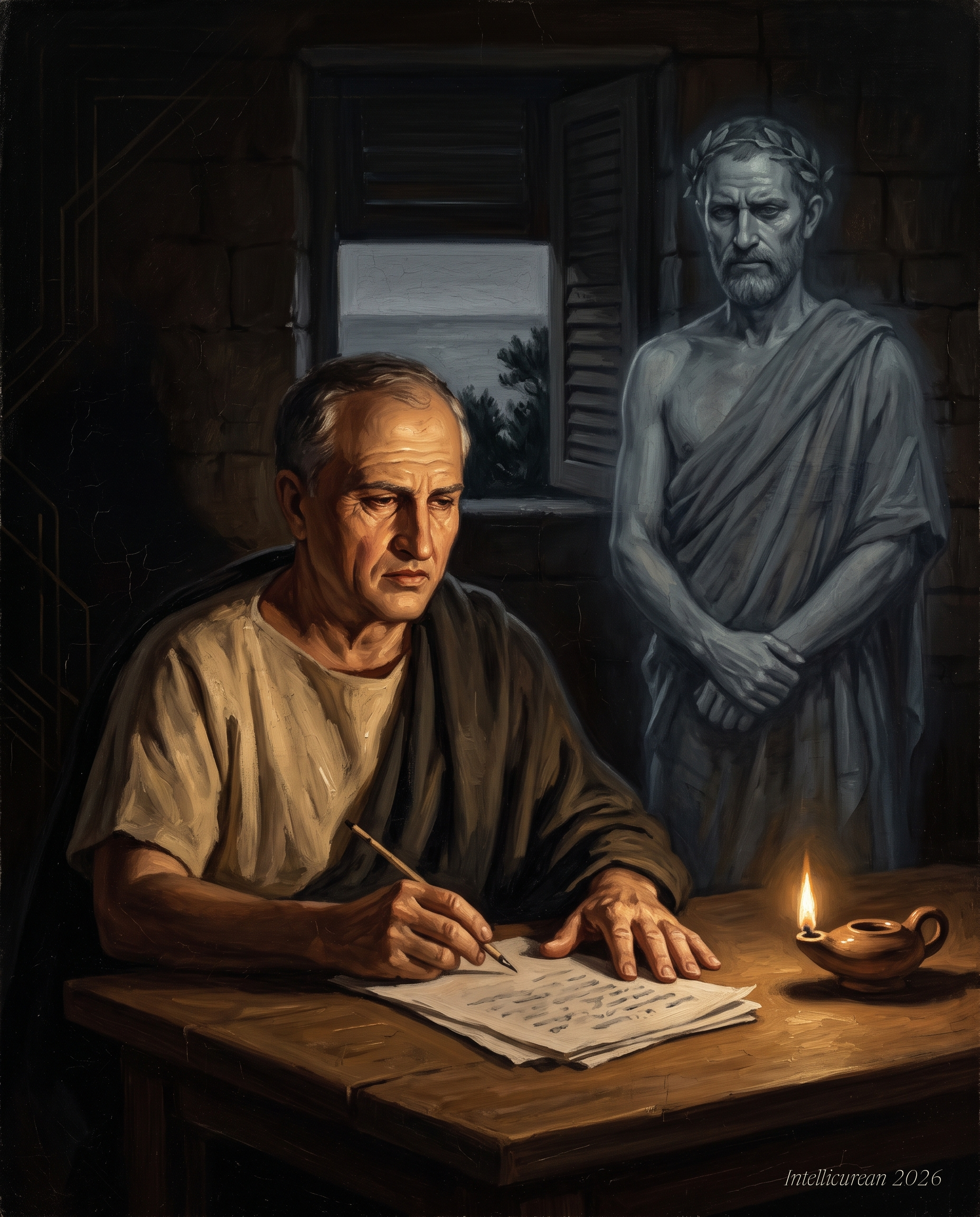 A painting of Cicero writing by lamplight at Astura, with a translucent figure of Demosthenes, wreathed, standing unseen behind his shoulder