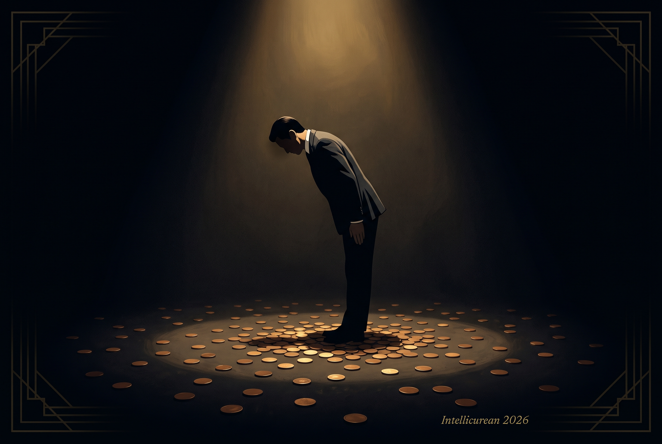 A lone figure in a dark suit bows deeply under a single spotlight, on a dark floor scattered with plain bronze coins