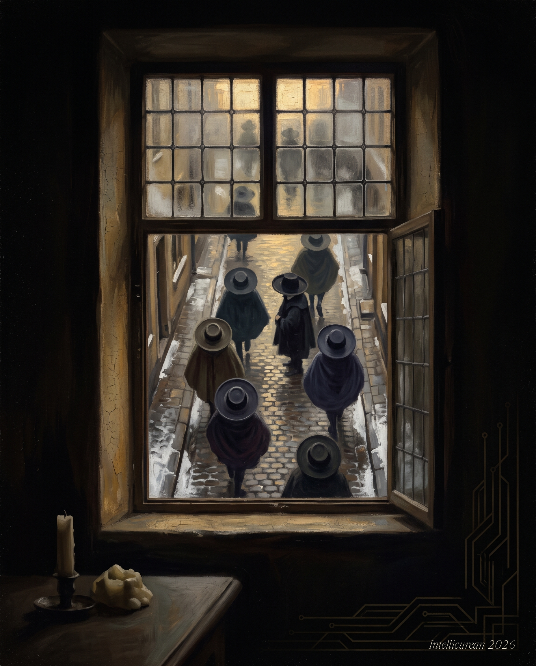 A painting of a dark study looking down through a leaded window at a snowy street, where walkers are seen from above as hats and cloaks only