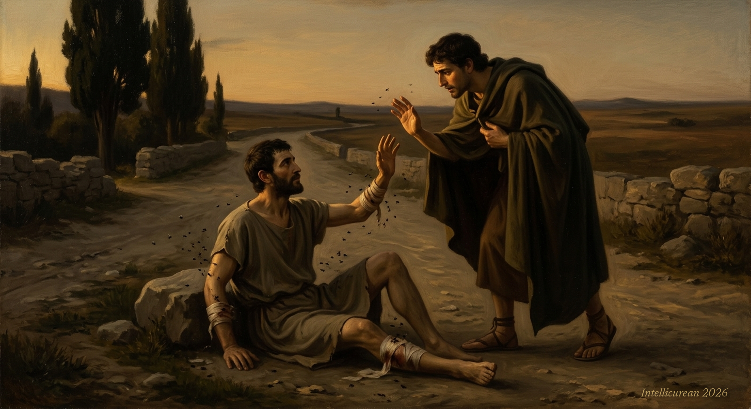 On an open country road at dusk, a wounded man sitting against a roadside stone raises his hand to stop a cloaked passer-by from waving away the flies around his bandages