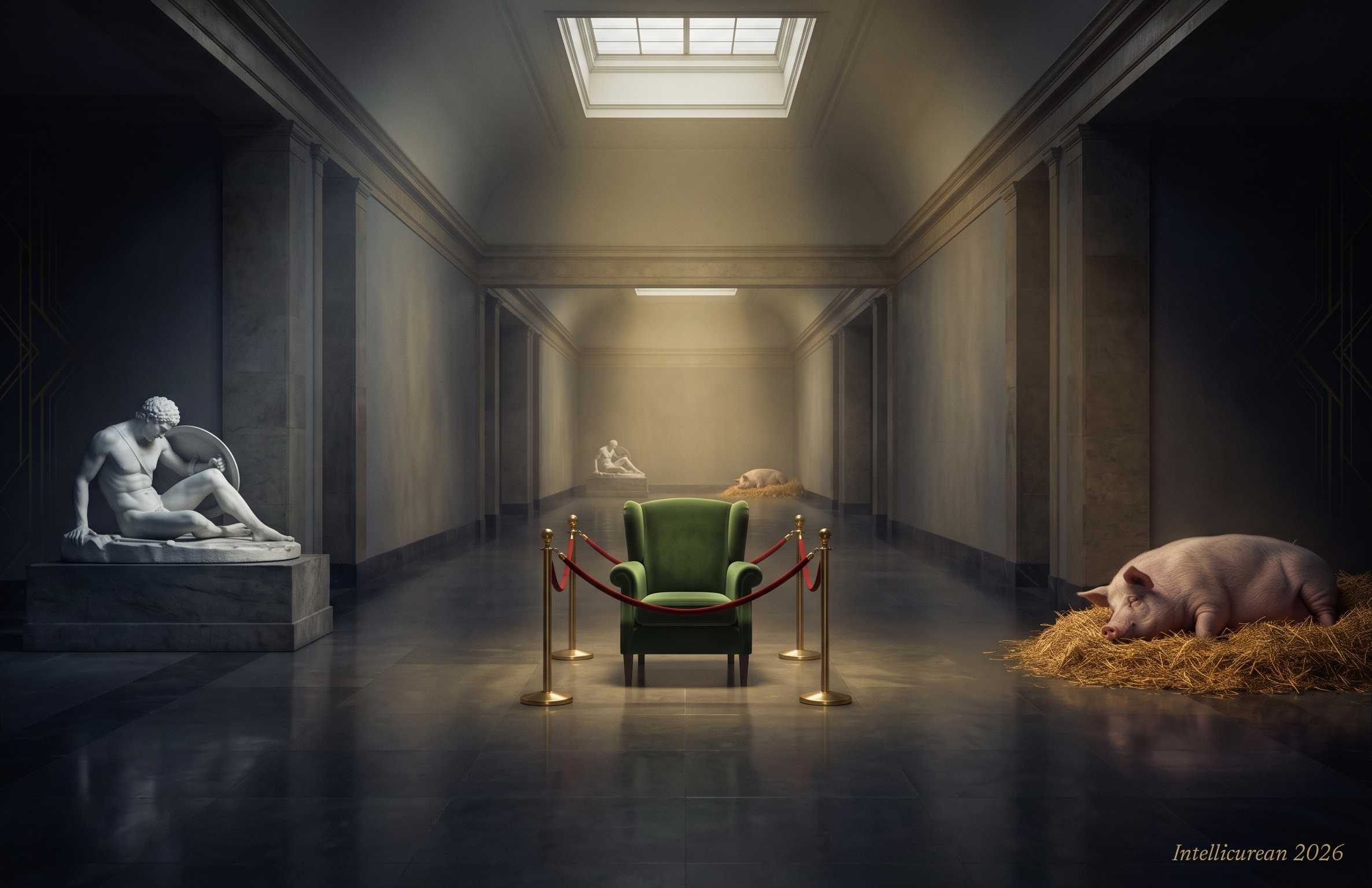 An empty velvet armchair roped off beneath a skylight, exactly midway between a marble statue of a gladiator and a sleeping pig in a museum gallery