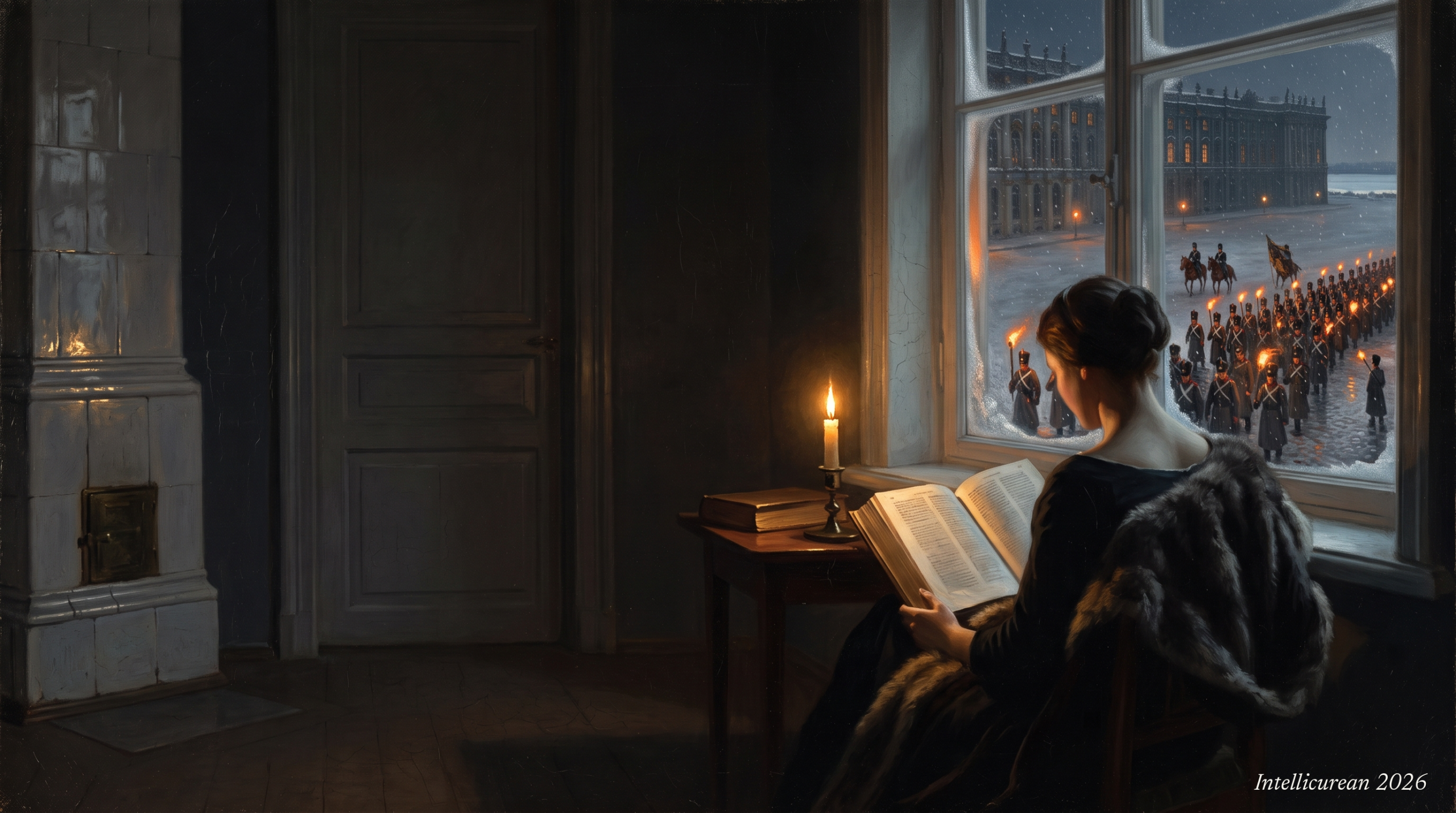 A young woman seen from behind, reading by candlelight at a winter window, while guardsmen with torches march through the snow below