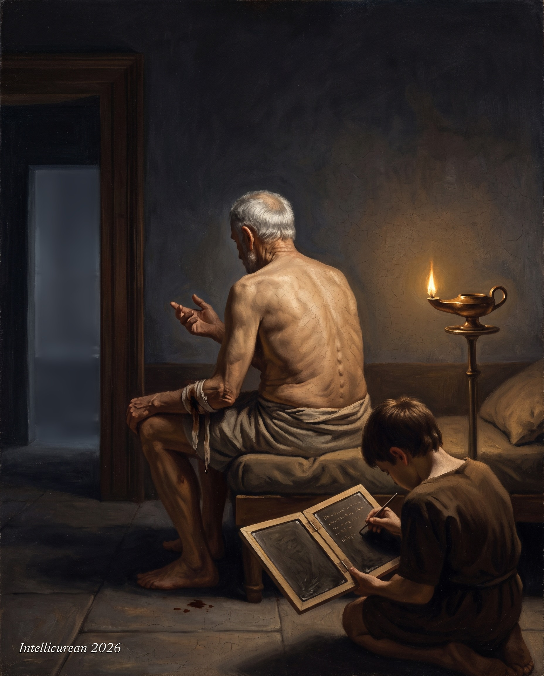 Seneca, seen from behind by lamplight, dictating to a single scribe