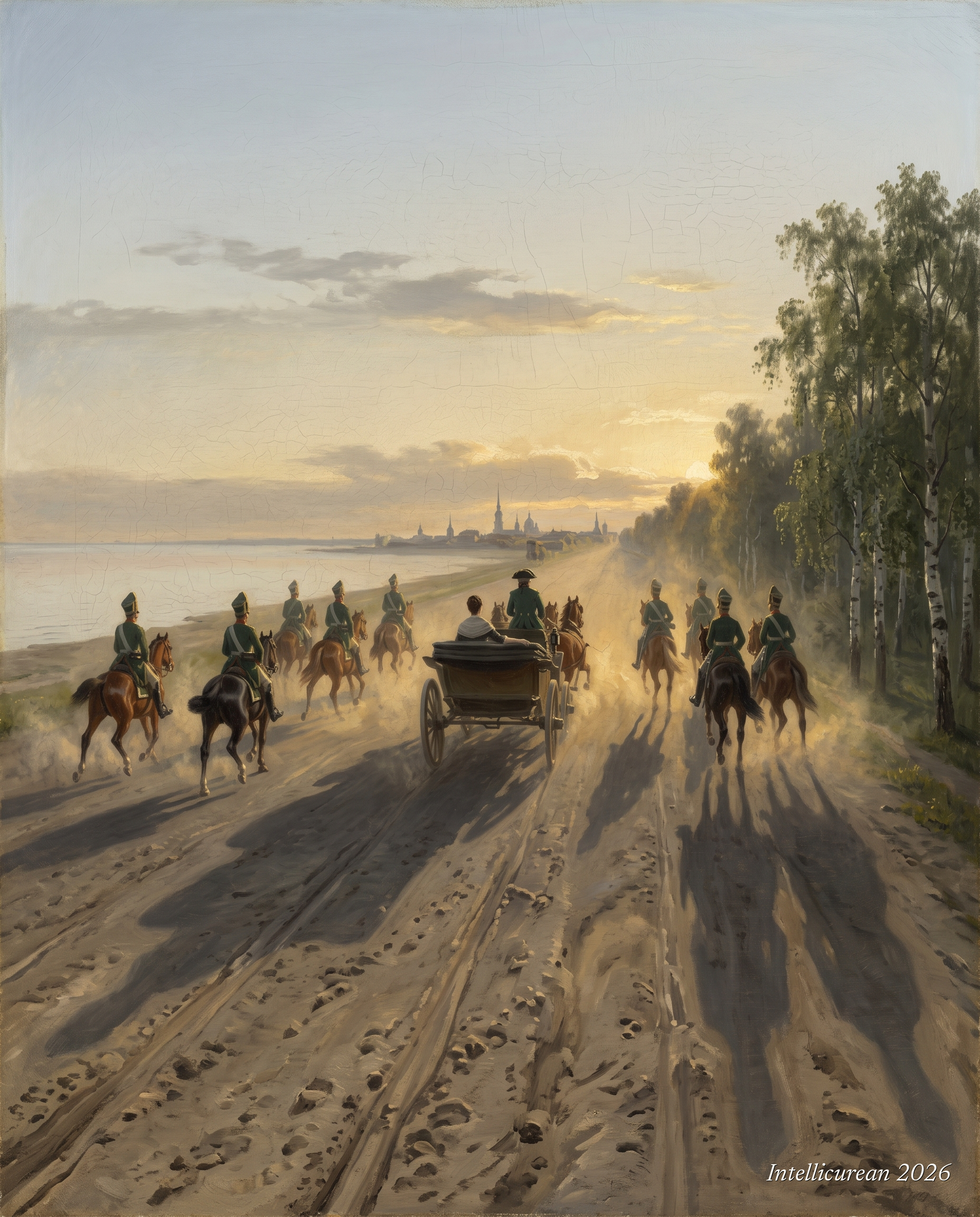 A carriage at a gallop on a dawn road along the sea, guardsmen closing round