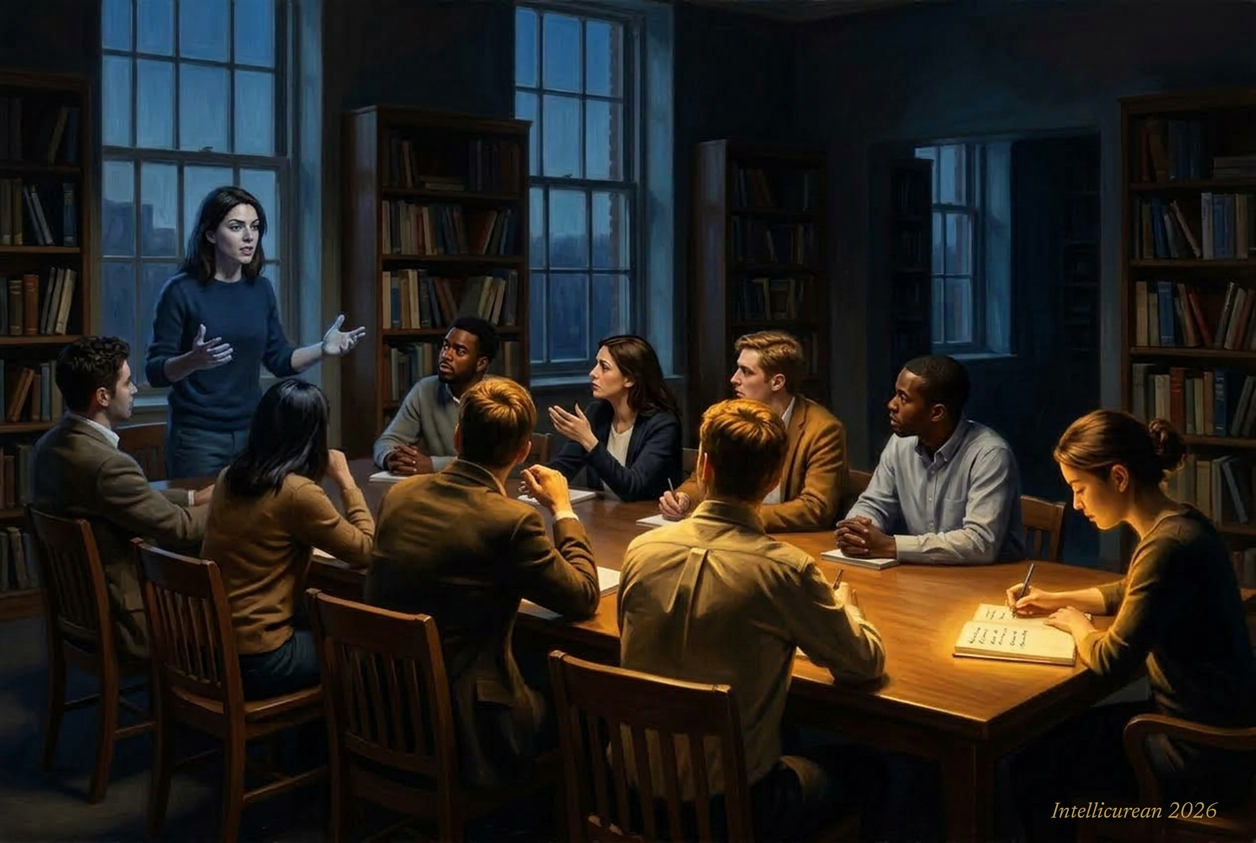 In a dusk-lit seminar room, a standing student argues while the others turn toward her; at the far end of the table a quiet student writes in a notebook whose glow is the room’s warm light