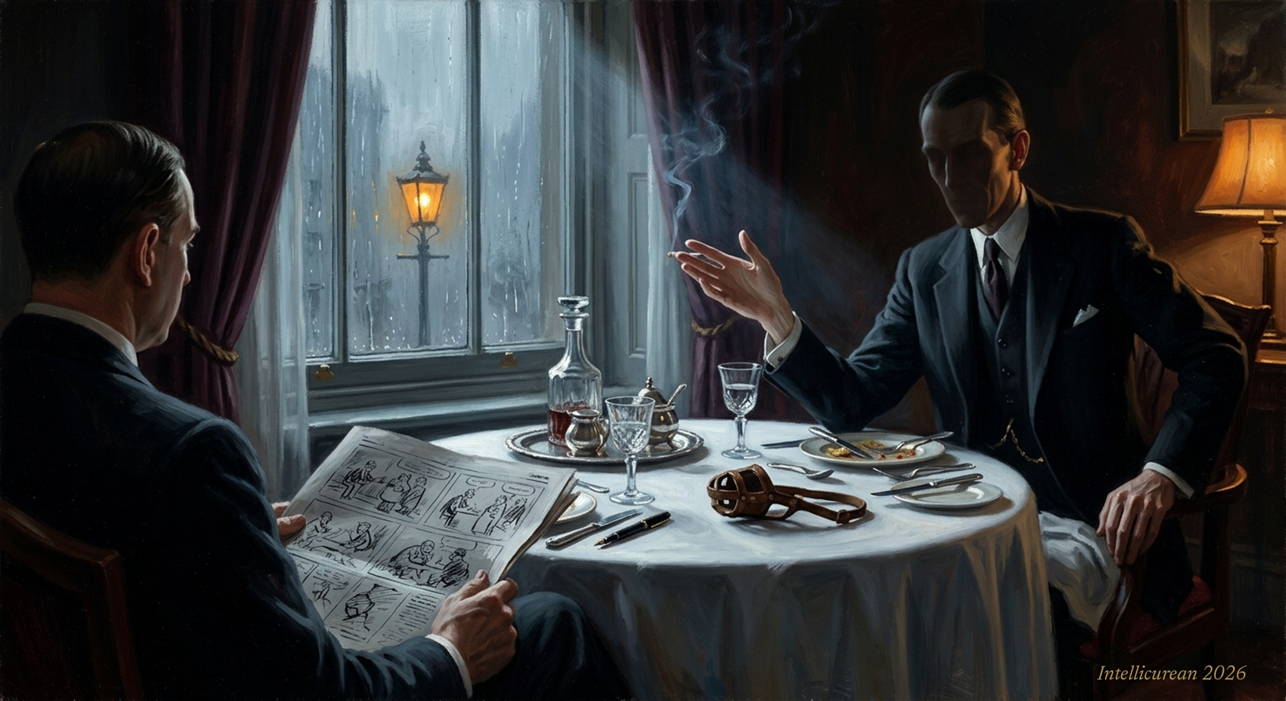 In a rain-dark London dining room, a tall man in a dark suit gestures across a lunch table toward a man reading a page of cartoons; a leather muzzle lies on the white cloth between them