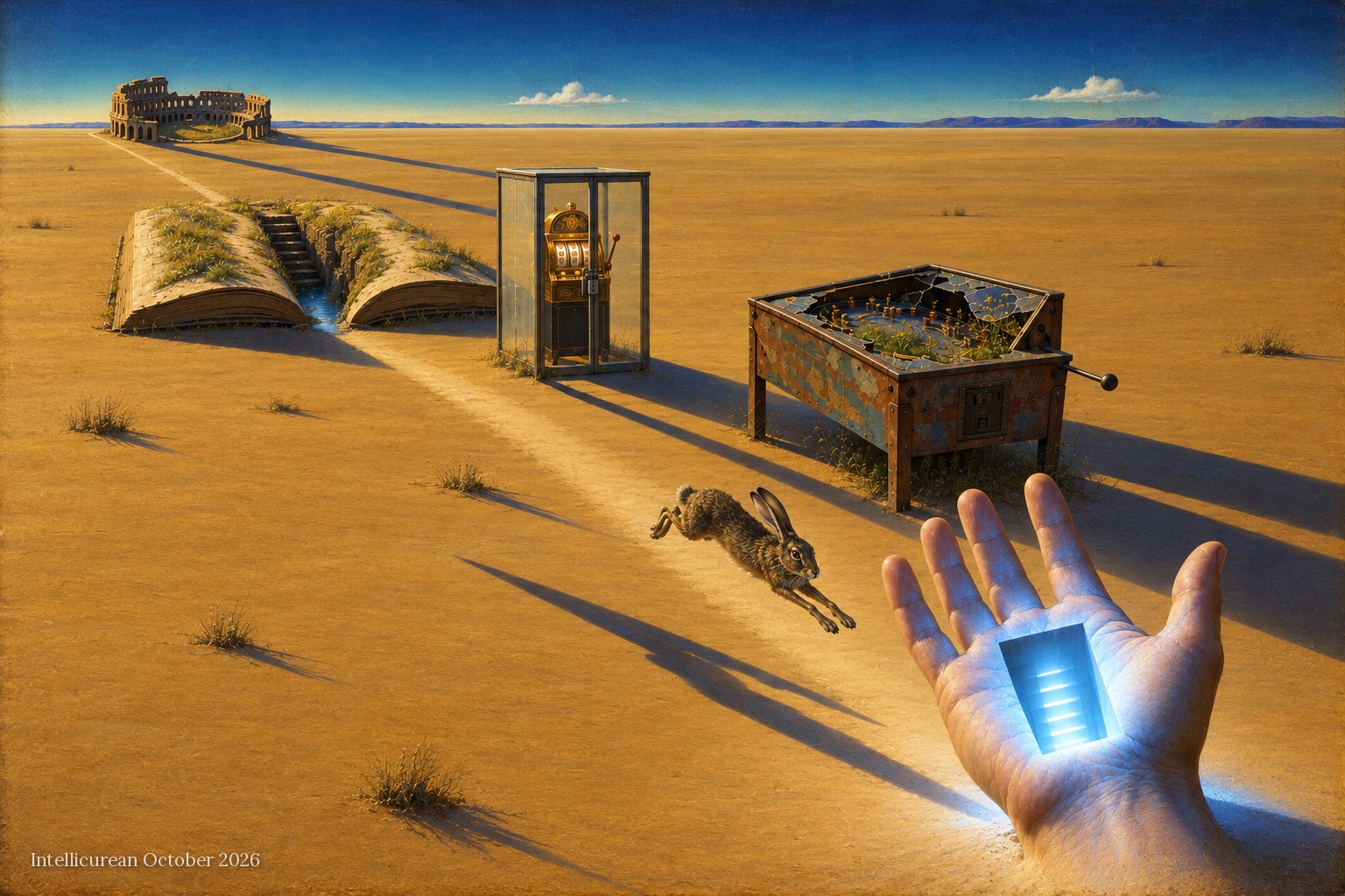 A Surrealist oil painting of a bare golden plain under a deep blue sky. A path runs from a Roman amphitheater on the horizon past an open book with a stair cut through it, a slot machine locked in a glass room and a broken pinball table grown with grass. A hare leaps toward a hand rising from the sand, whose palm holds a bottomless rectangle of cold blue light.