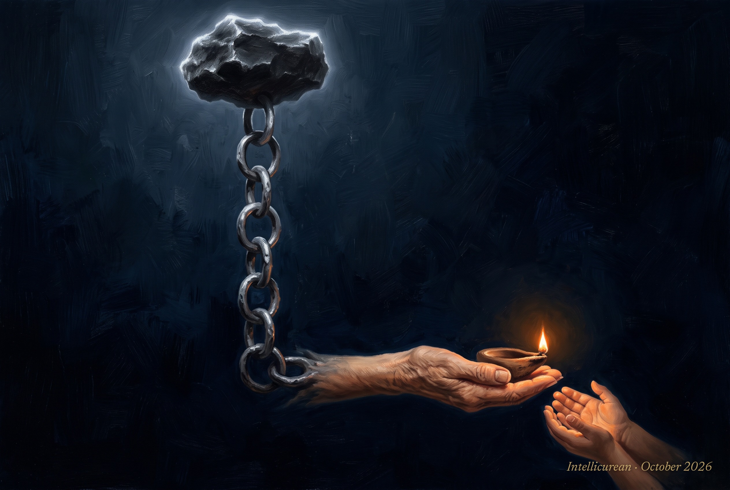A chain of iron rings hangs from a glowing black lodestone; its last ring turns into an old woman’s hand, passing a small lit clay lamp into a child’s cupped hands below