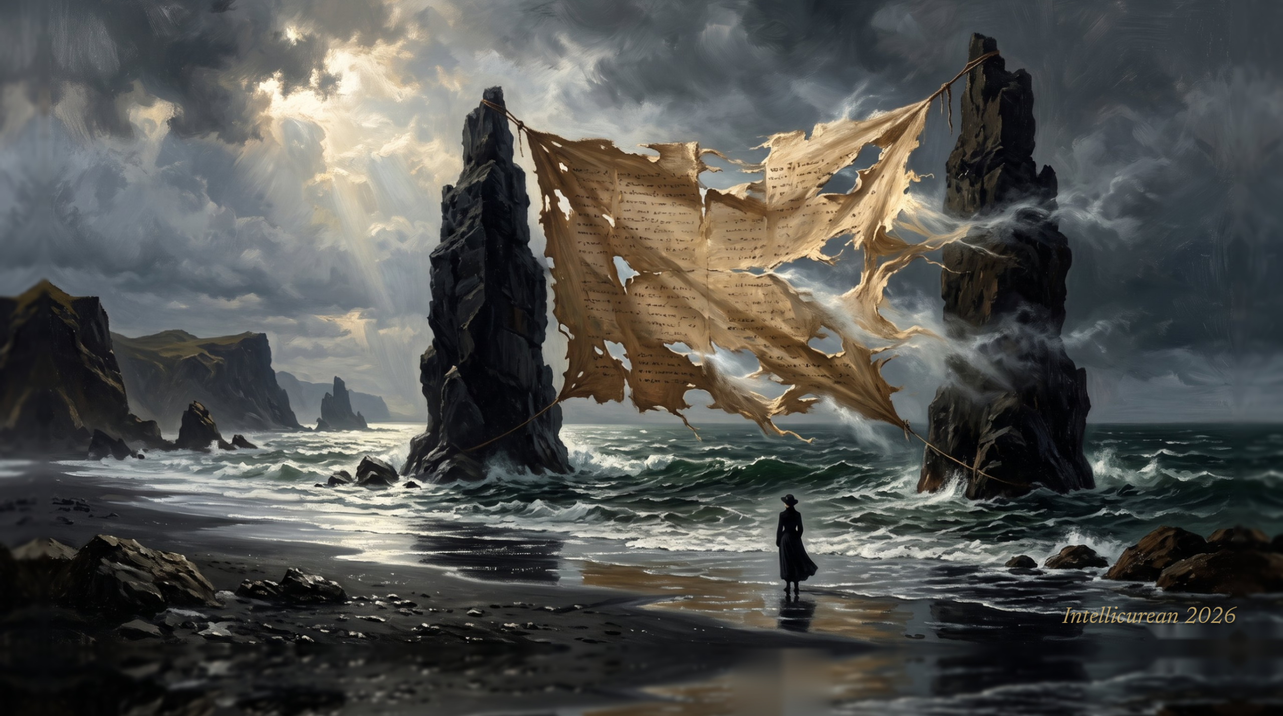 A vast torn papyrus stretched between two black sea-stacks on a stormy Icelandic shore, wind pouring through its holes, a small figure on the black sand listening