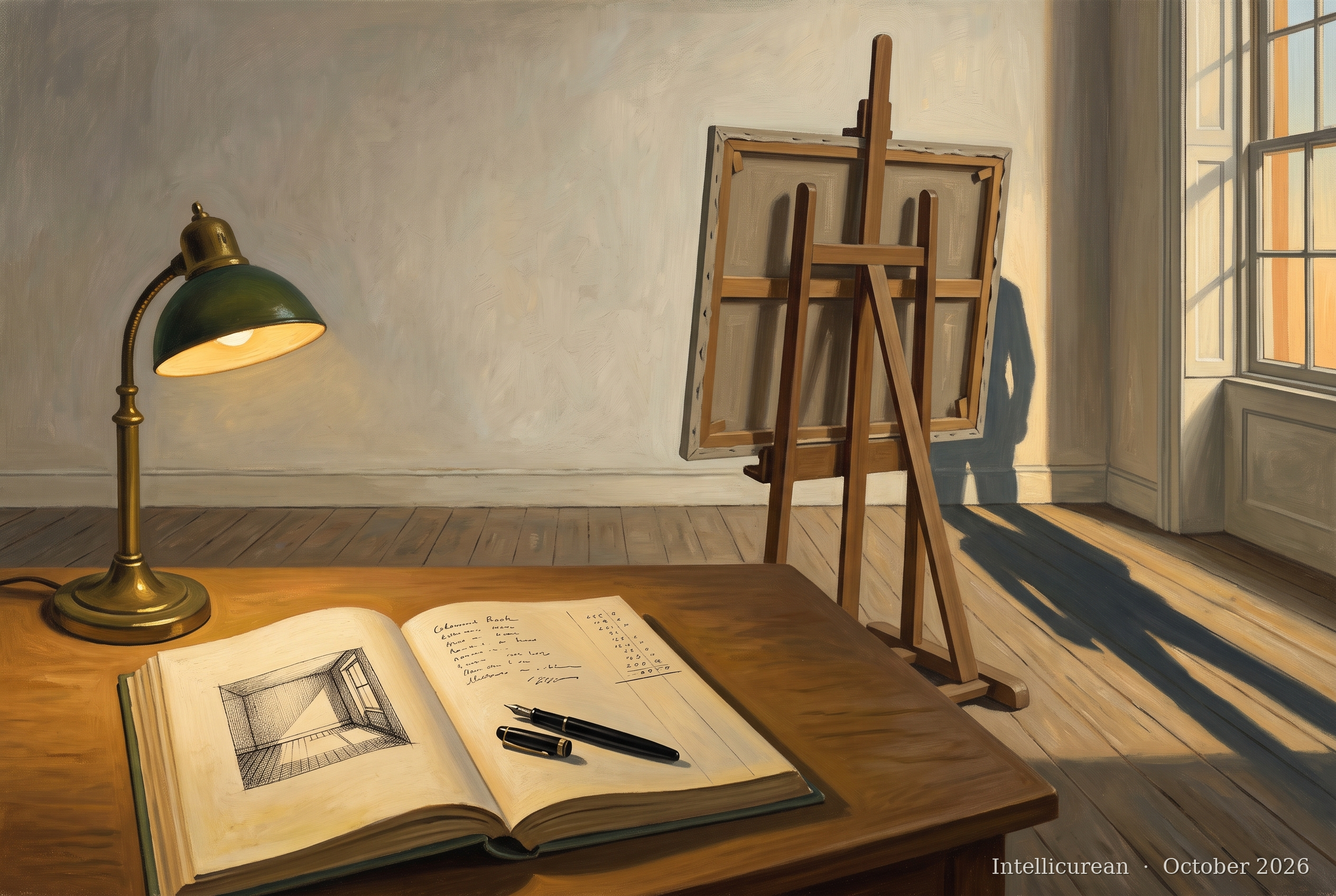 An open account book under a green lamp, its left page a pen sketch of a bare room with a window; beyond it an easel with its canvas turned away, and the long shadow of a standing man across the floorboards
