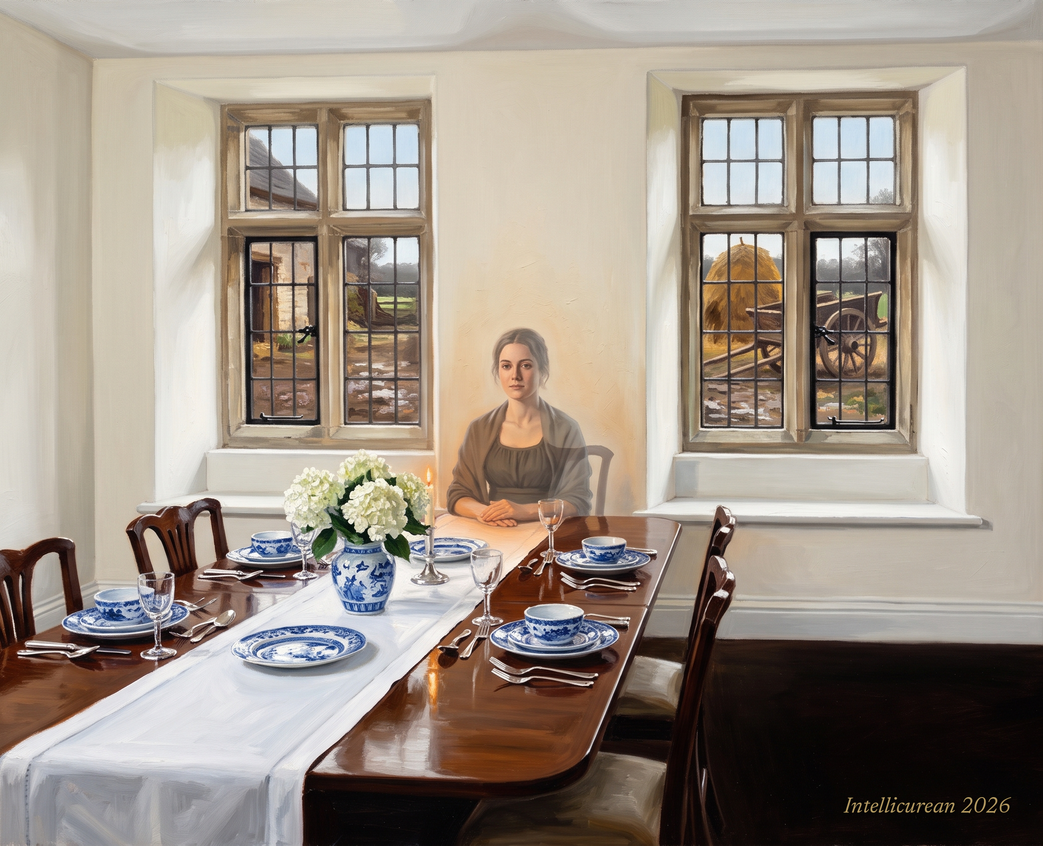 Painting of a cream dining room staged for sale, its table set with blue-and-white china and white hydrangeas, where a translucent woman in an 1810s dress and shawl sits in warm candlelight; through the mullioned windows lies a muddy farmyard with a hay rick and cart.