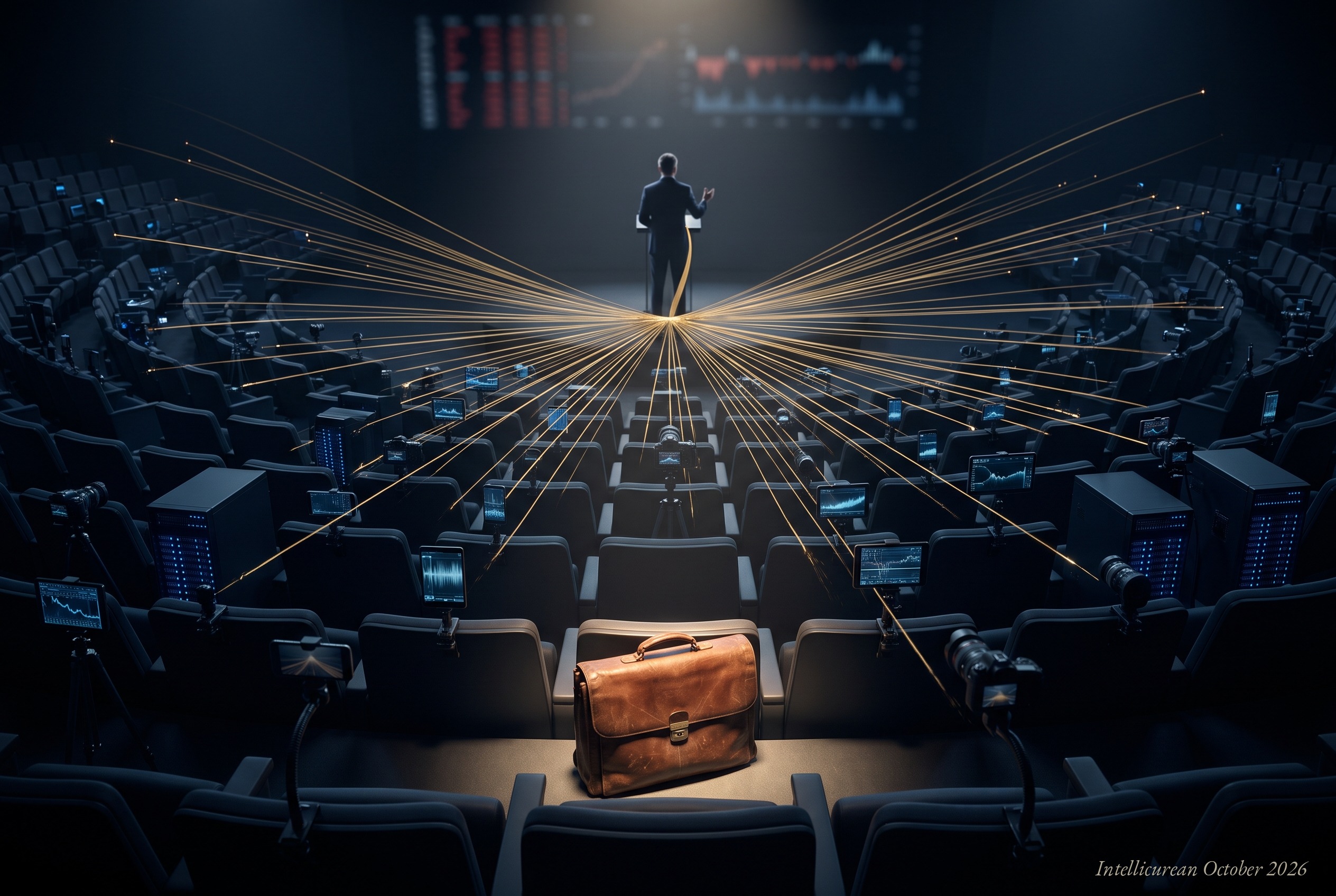 A dark, steeply raked auditorium. On a distant stage a man at a lectern faces a large market screen. A gold ribbon of light bursts into hundreds of thin gold threads that fan out to cameras, tablets on tripods and server towers among mostly empty seats. In the front row, under a pool of warm light, an old leather briefcase sits alone; no thread reaches it.
