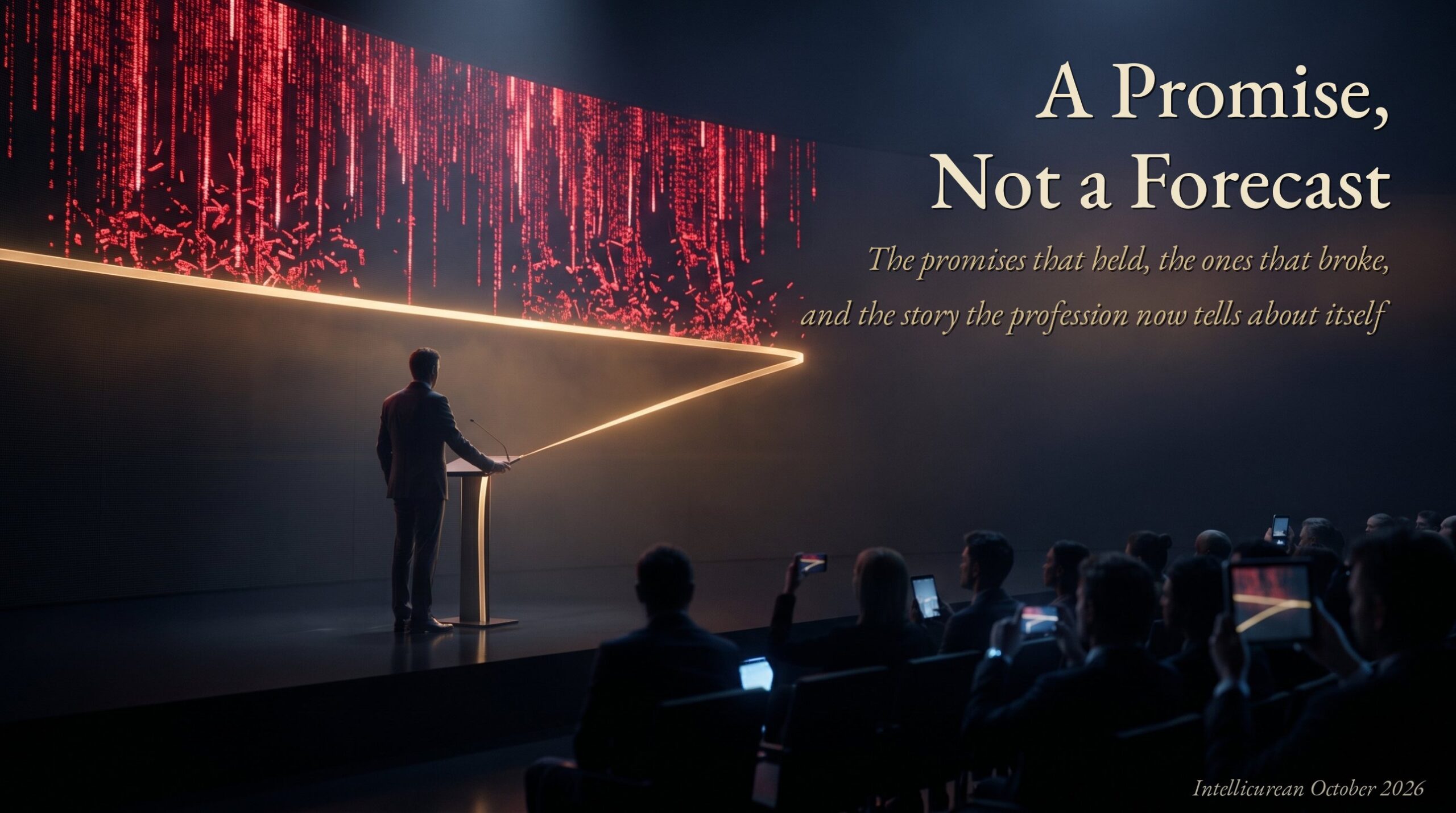 A Promise, Not a Forecast: a dark modern conference hall. A man in a dark suit stands at a slim lectern with his back to the viewer. A single ribbon of gold light runs from his hand up across a giant wall of falling red market data, and every red fragment stops above it. In the foreground, an audience in silhouette holds up phones and tablets whose screens show the gold line.