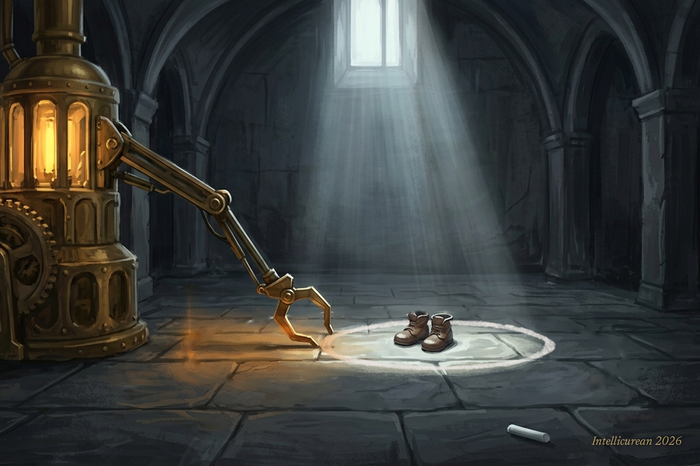 In a stone vault, a brass machine's mechanical arm reaches for a small pair of child's boots and stops at a hand-drawn chalk circle around them. A worn stub of chalk lies on the floor nearby.