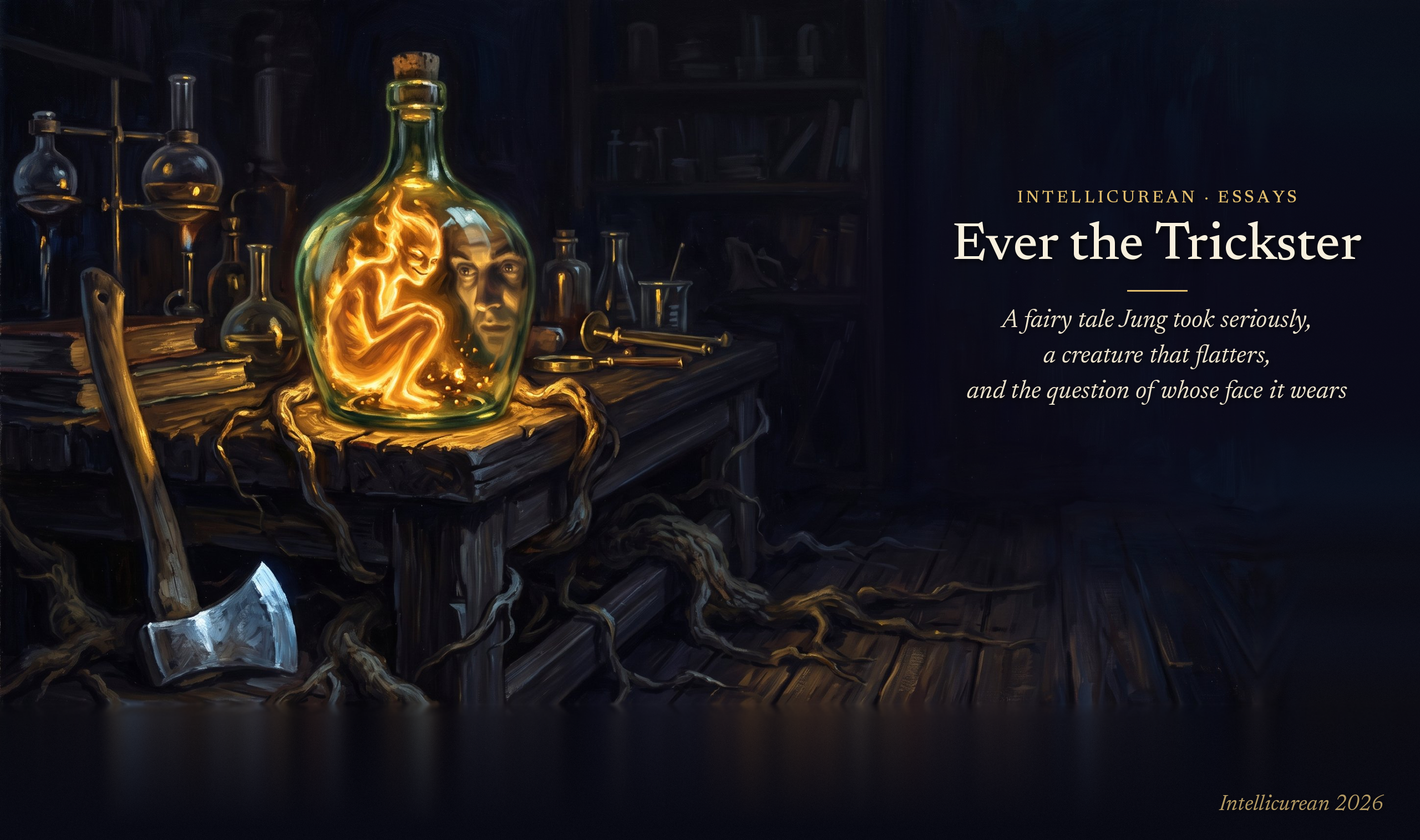 Ever the Trickster: a corked glass bottle glowing on a laboratory bench at night, oak roots gripping its base, a golden spirit and a man’s face inside it