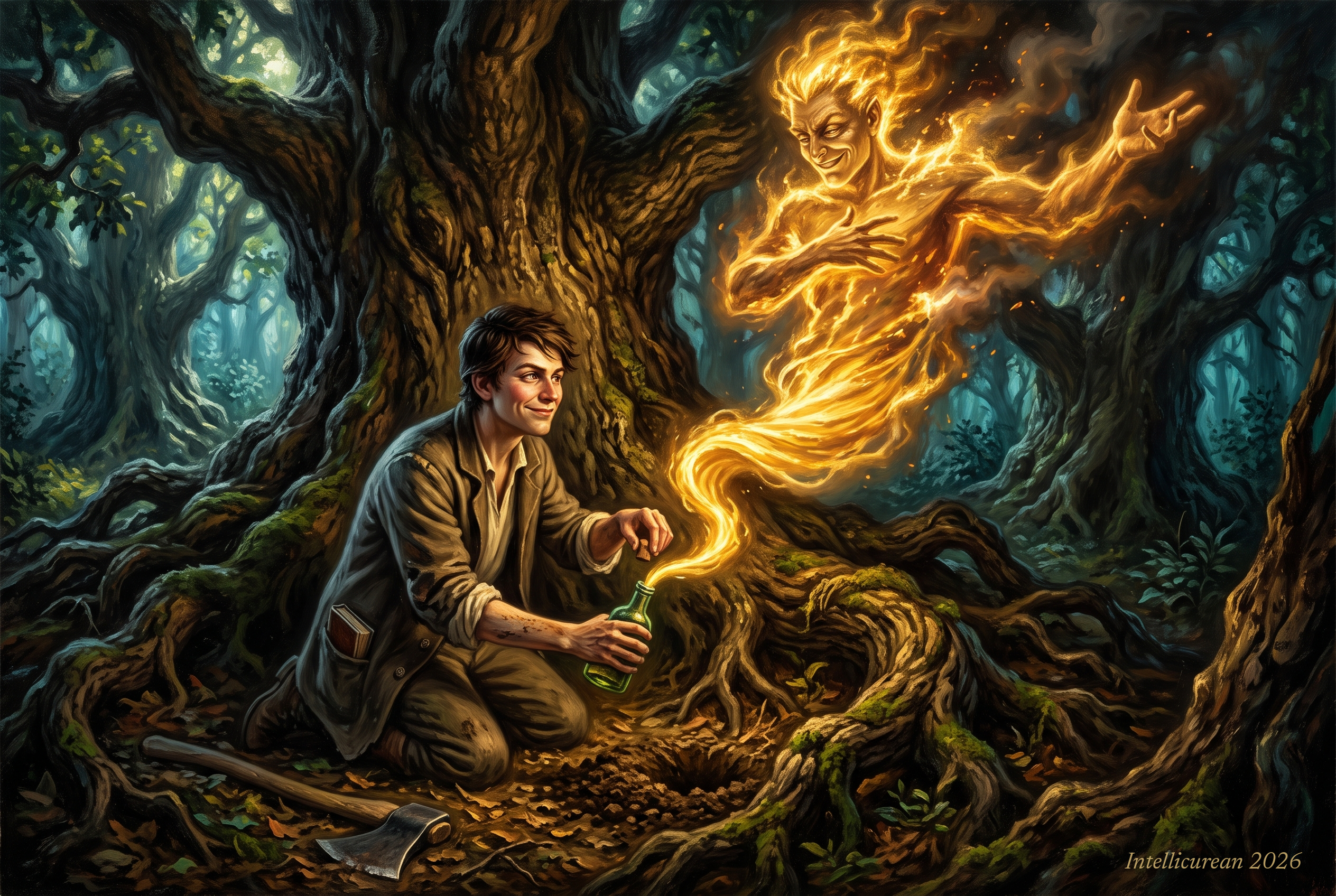 A young woodcutter’s son kneels among the roots of a great oak, holding a glass bottle and its cork, smiling slyly as a towering golden spirit pours itself back into the bottle