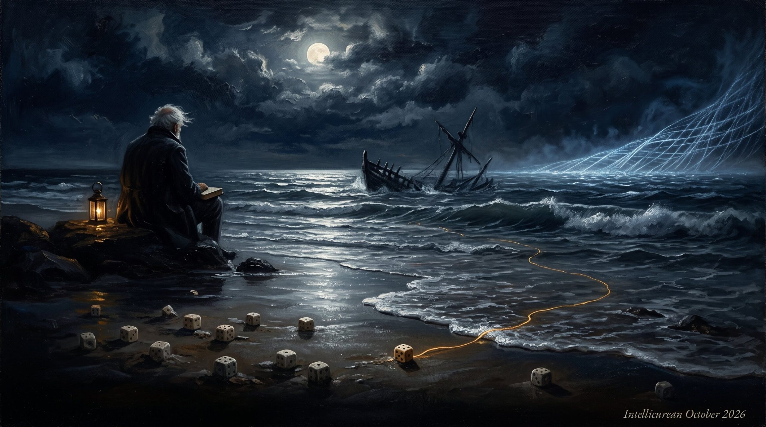 A moonlit shore at night. Small bone dice lie scattered on the wet sand; one, lit by a nearby lantern, trails a thin gold thread through the surf toward a wrecked sailing ship. On a rock at left an old man sits with his back to us, a closed book on his knee, watching the sea. Far off on the right, the moonlight breaks into a lattice of cold blue-white light.