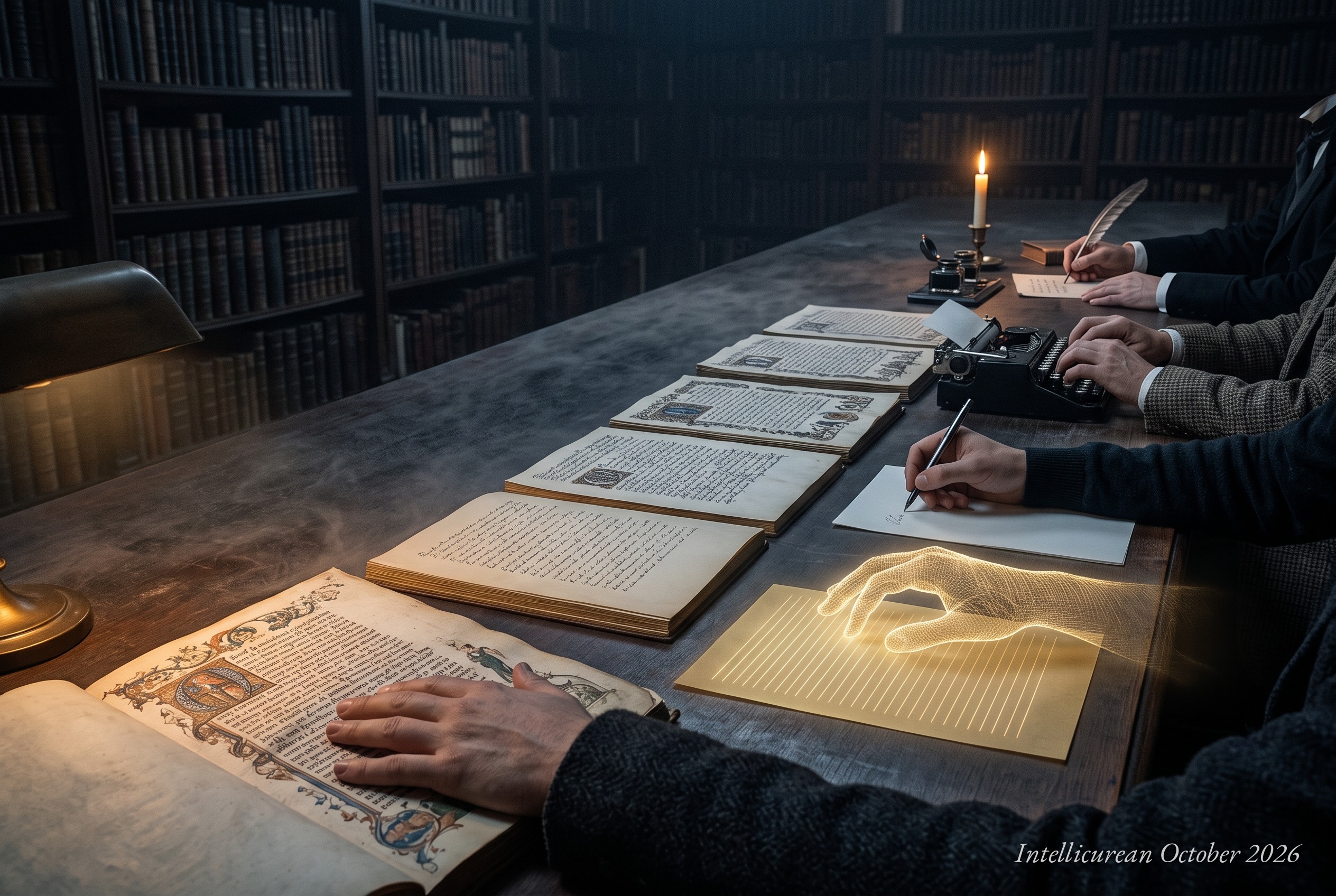 A long library table at night. A row of hands copies a manuscript through time: a quill by candlelight, a typewriter, a pen, and finally a hand of gold light over a page of empty ruled lines. In the foreground, a separate hand in a wool sleeve rests on the oldest, richly illuminated page, lit by its own lamp, holding it apart from the chain.