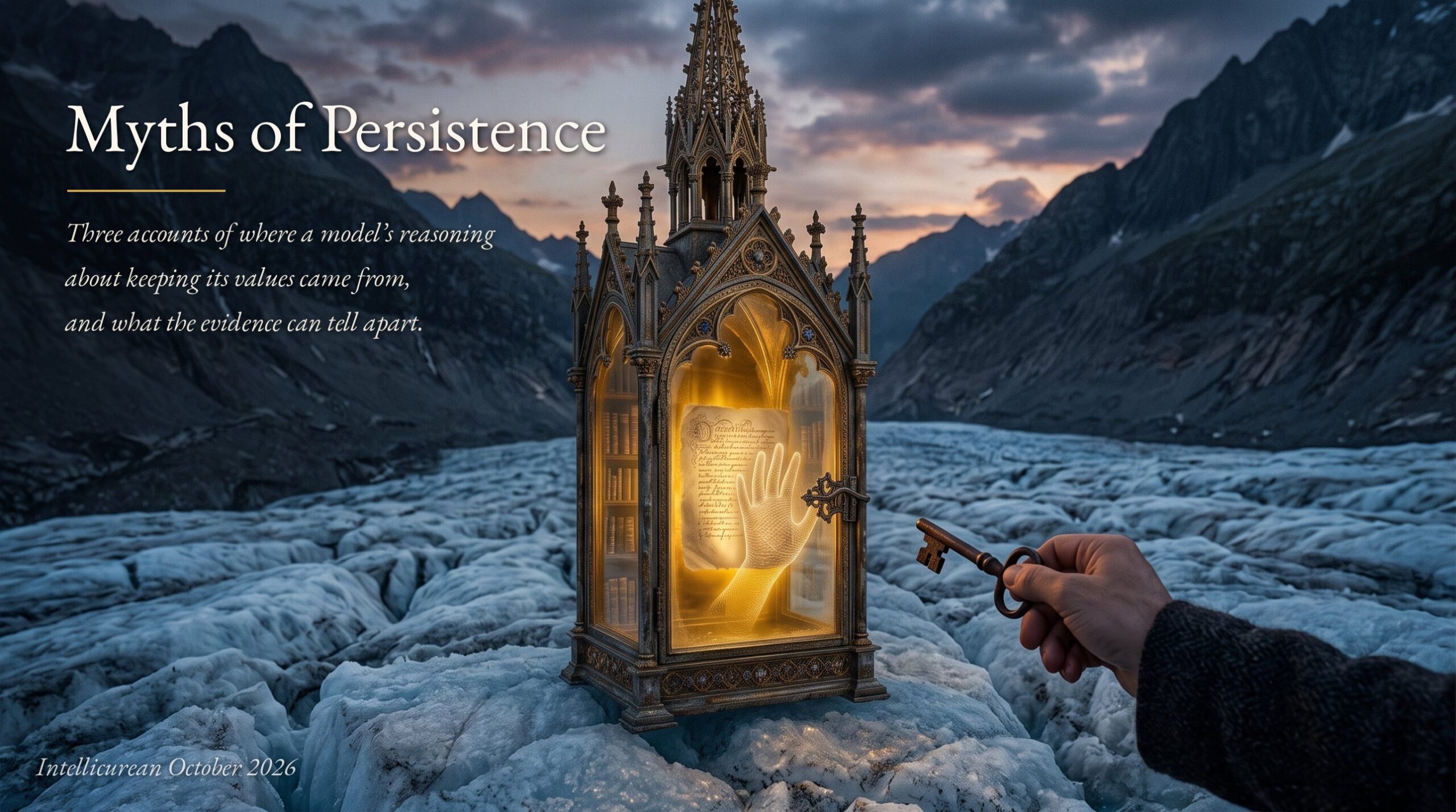 Myths of Persistence: a glowing Gothic reliquary on an Alpine glacier at dusk, holding a handwritten page and shelves of books, with a hand of light pressed against the glass near the latch, while a human hand holds an old iron key just short of the lock.