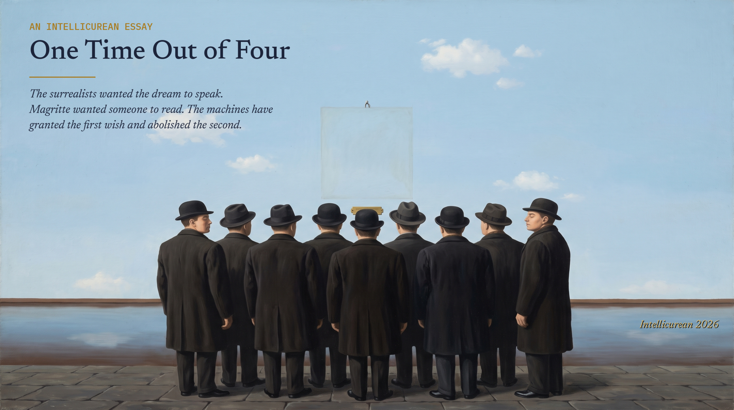 One Time Out of Four — nine men in 1930s hats and overcoats, seen from behind, stand before a blank canvas hanging in a blue sky with a brass plate beneath it