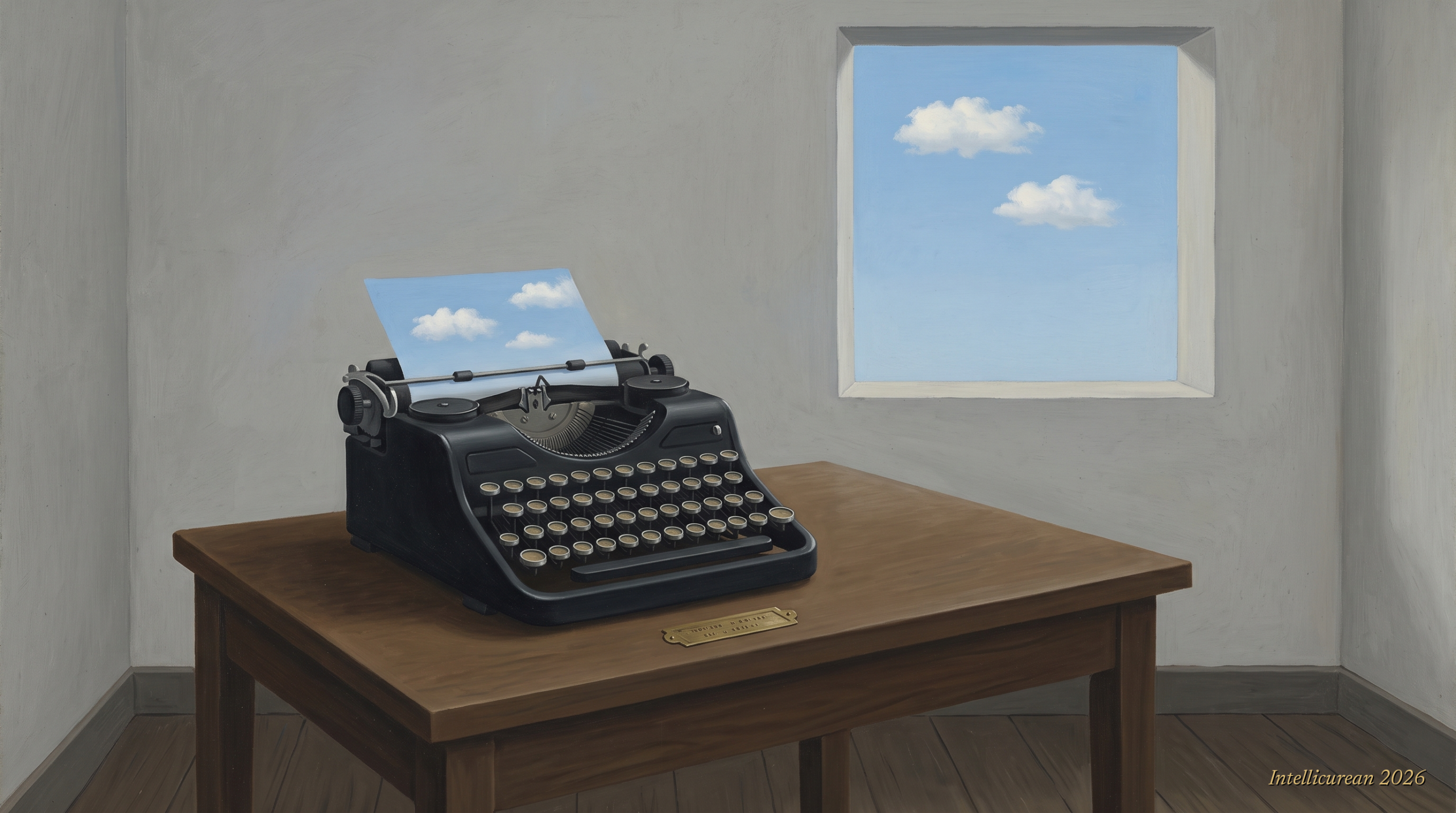 A bare room with a 1930s typewriter on a wooden table; the sheet rising from it is a small painted sky with clouds, and a window behind shows the same sky