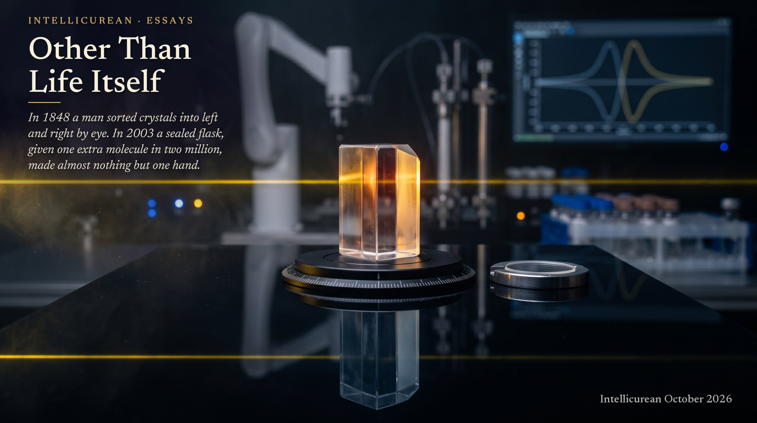Other Than Life Itself — a clear, lopsided crystal on black glass, lit amber by a thin yellow beam, above its own cooler mirror image, with a robotic lab blurred in the darkness behind