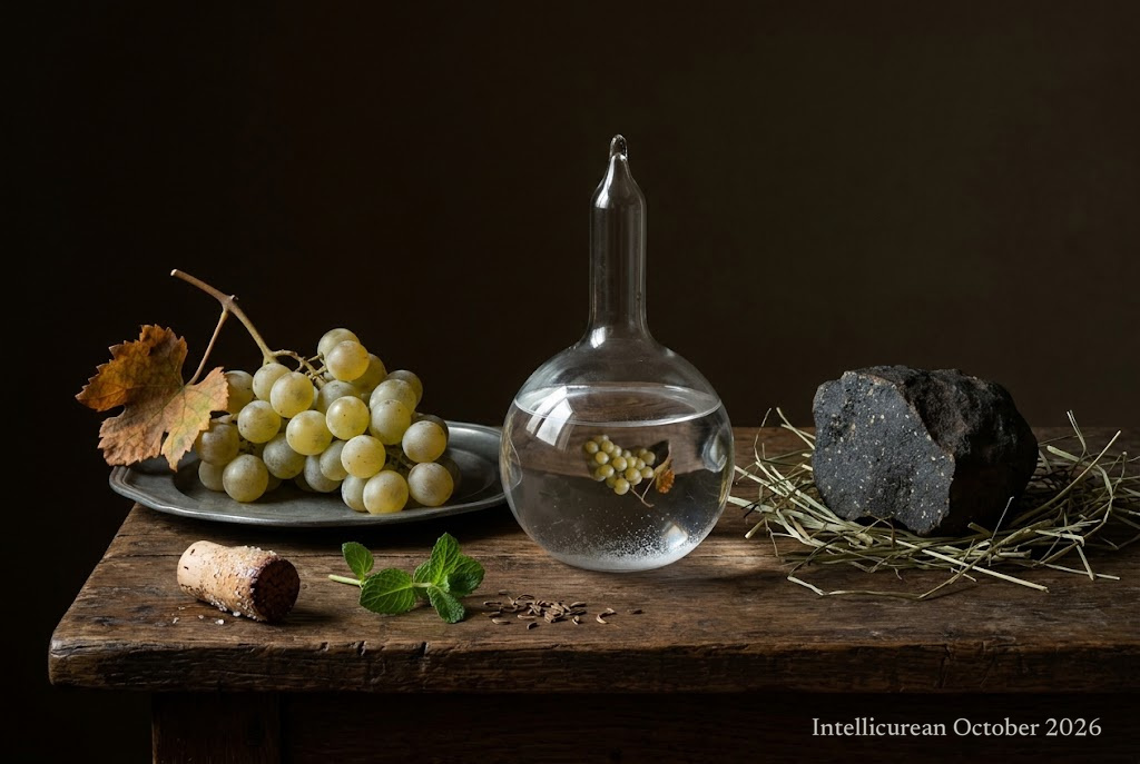 A still life on a worn oak table: green grapes and an autumn vine leaf on a pewter plate; a sealed round glass flask of clear liquid that shows the grapes upside down; a black meteorite fragment on a nest of hay. A cork, a sprig of mint and caraway seeds lie in front.