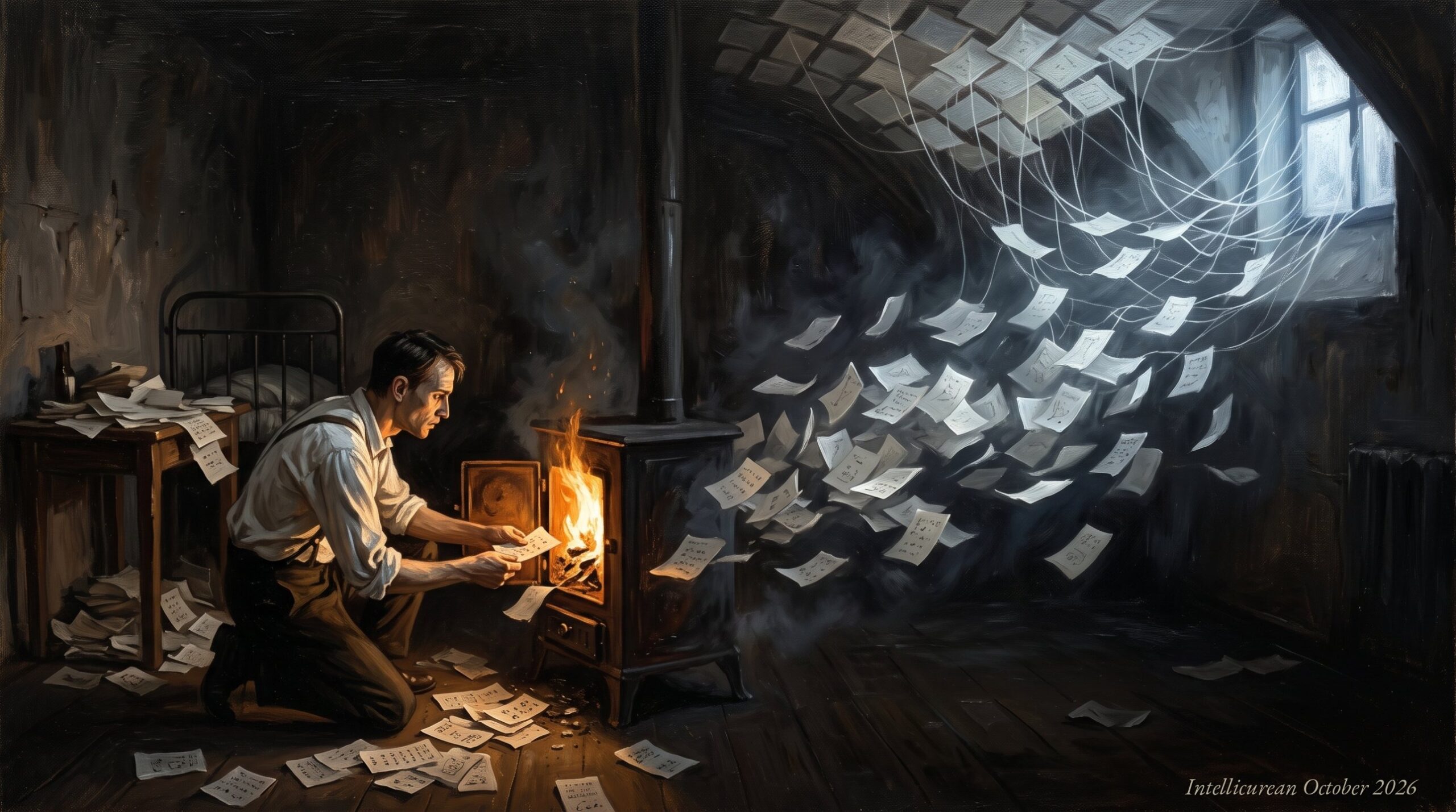 A dark 1920s room at night. A man in shirtsleeves kneels at an open iron stove, feeding slips of paper into the fire. From the smoke, a stream of pale slips pours out across the room toward a cold blue-white window, where fine threads of light catch them and stitch them into a tiled lattice across the ceiling.
