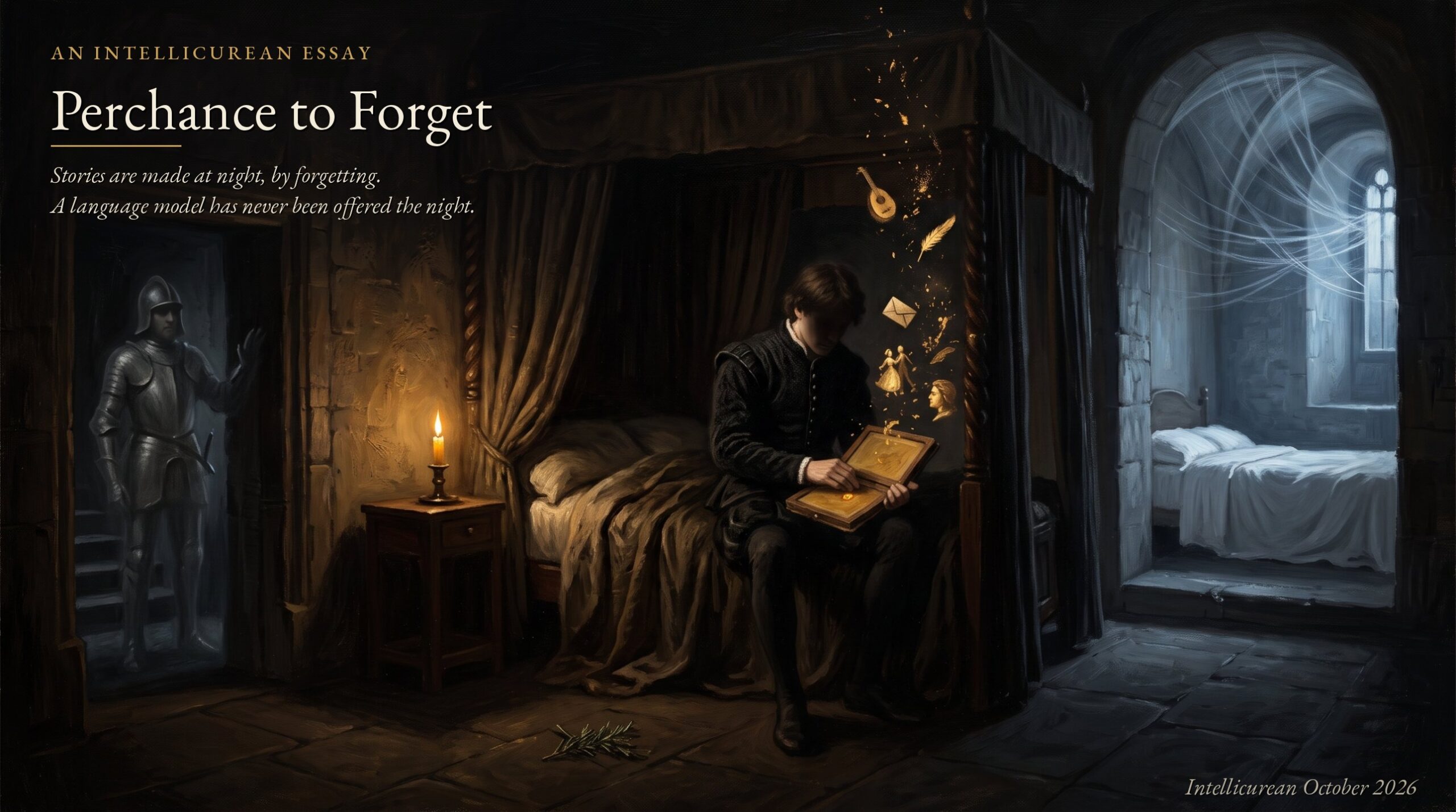 Perchance to Forget: a candlelit stone chamber at night. A young man in black sits on the edge of an unslept four-poster bed, pressing smooth a wax tablet as small gold shapes, a lute, a feather, a letter, a dancing couple, a face, drift up from it and dissolve. A faded armored ghost stands in a doorway at left; at right, through an arch, an empty, perfectly made bed lies under cold blue-white threads of light.