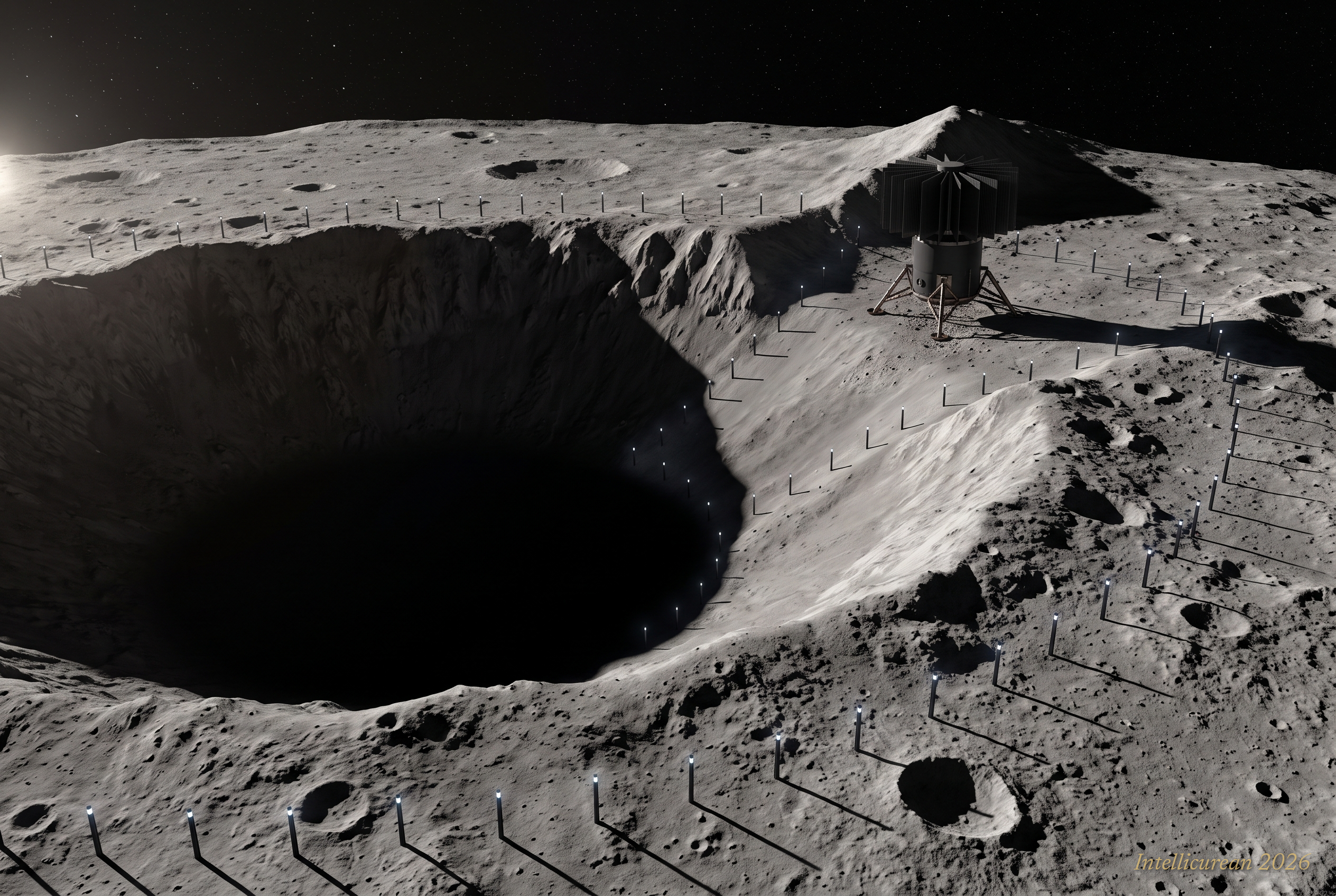 Oblique view of a lunar crater at the south pole: a small reactor with a crown of radiator fins stands on the rim, and a line of lit beacon pylons marks its zone, running along the rim, down the one slope into the crater and on into the shadow of its floor.