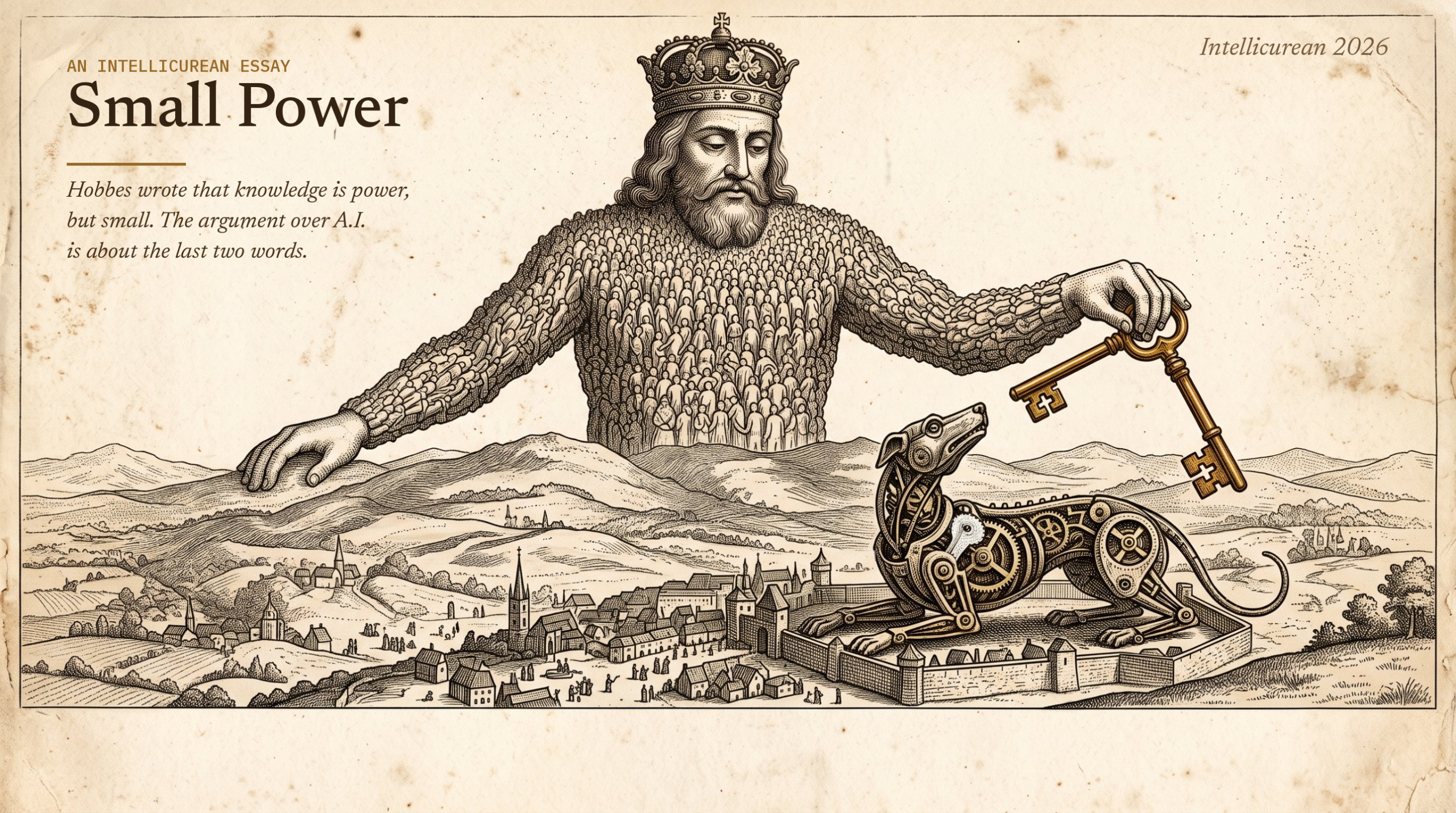 Small Power — an engraving after the 1651 Leviathan frontispiece: a crowned giant made of tiny figures dangles a gold key over a clockwork hound crouched in a walled enclosure too small for it