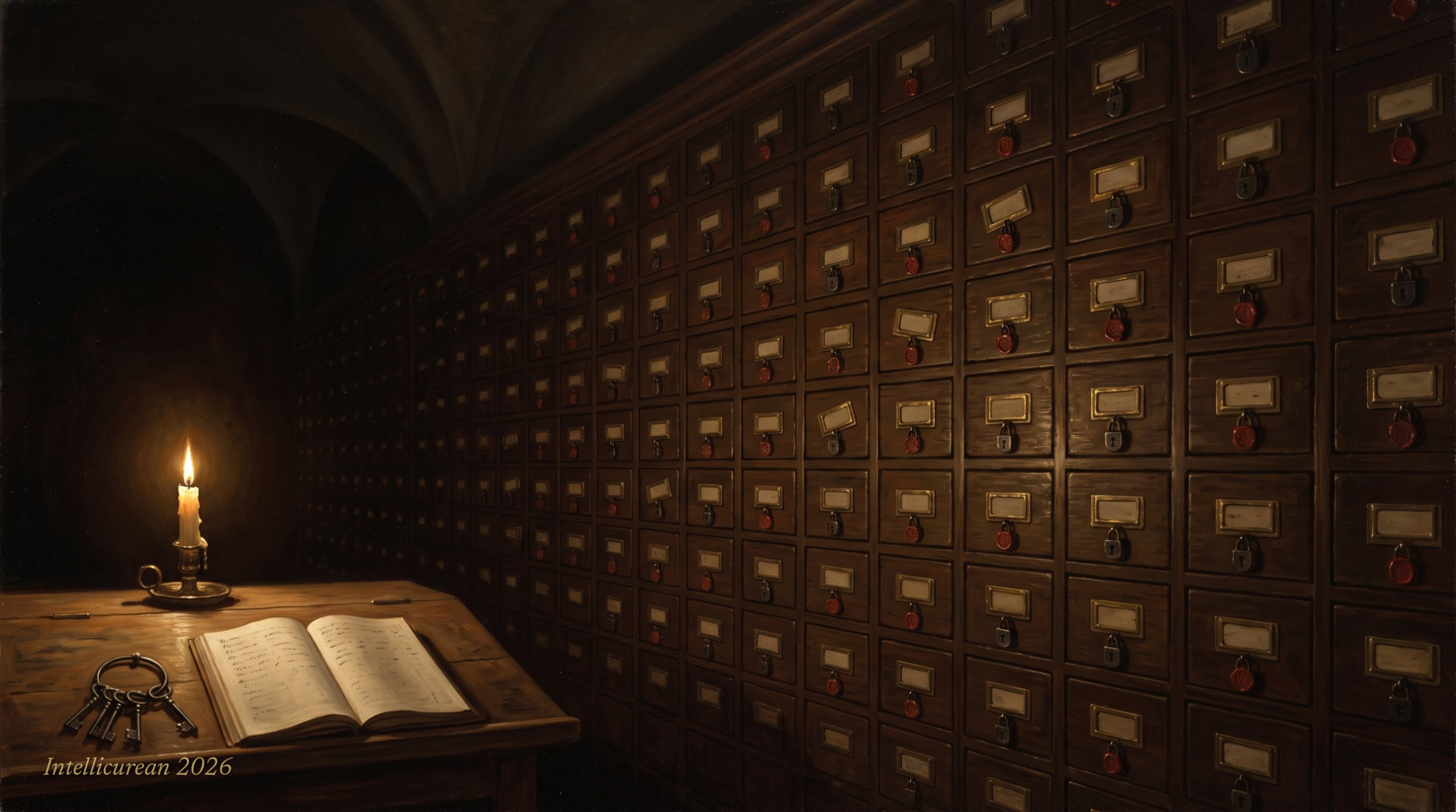 A wall of sealed archive drawers by candlelight, every padlock and wax seal intact, with a few blank brass label-holders tilted out of line along a faint diagonal