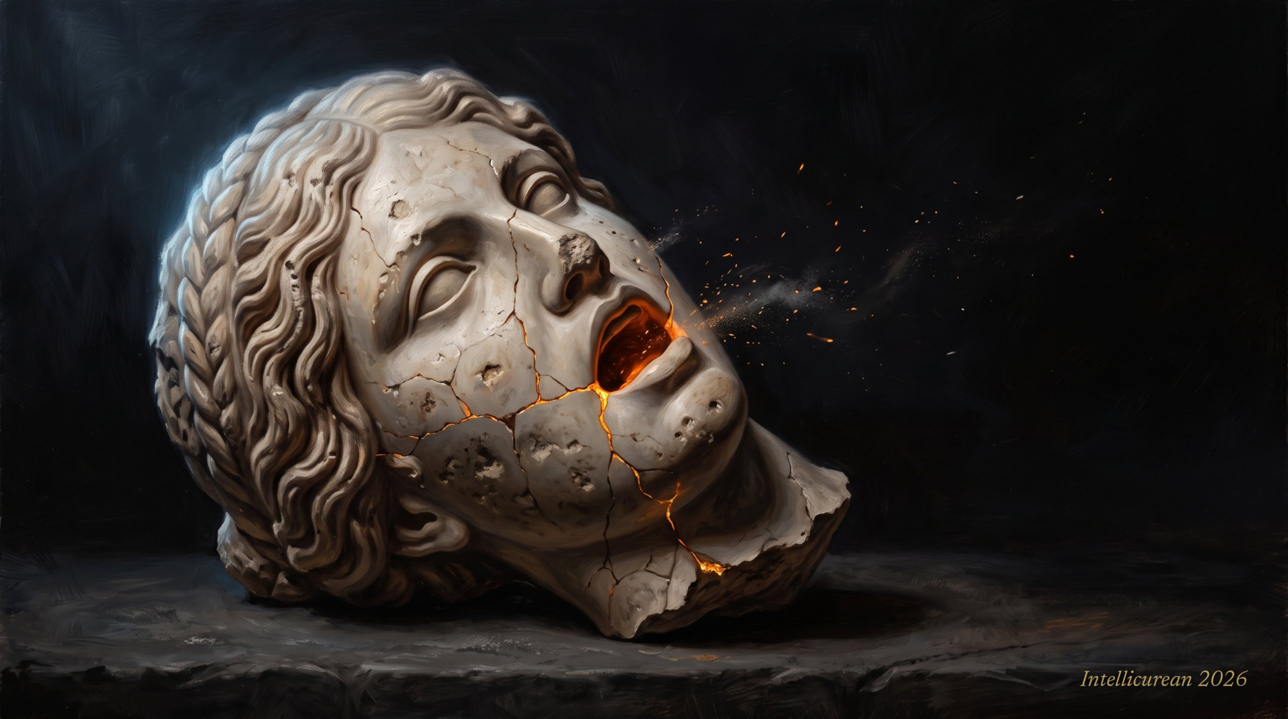 A broken marble head of a woman, mouth open as if crying out, with fire glowing through the cracks in the stone and sparks drifting from her lips