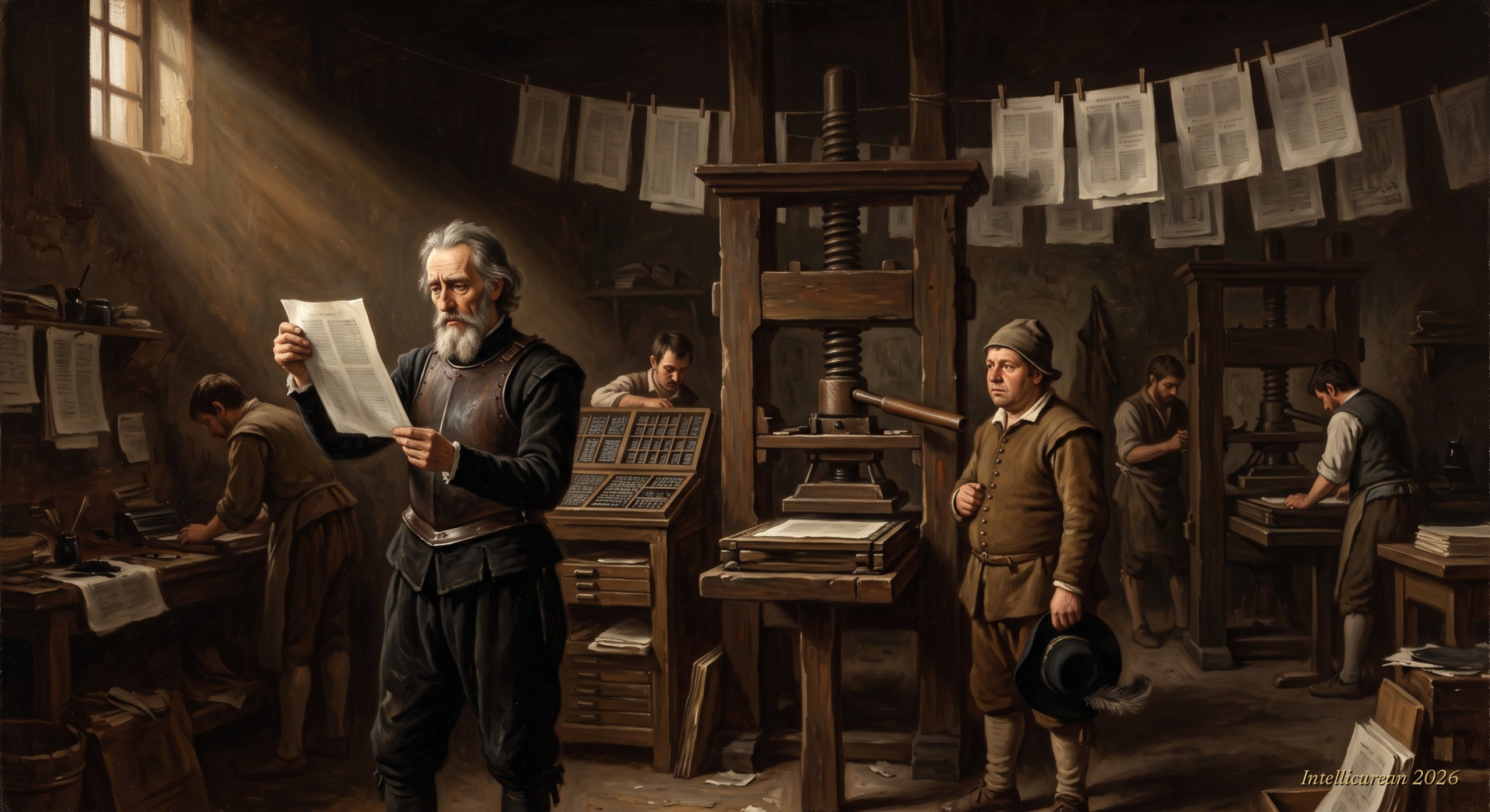 A gaunt gentleman in a rusted breastplate reads a freshly printed sheet in a seventeenth-century printing house while a stout countryman holding his hat looks on