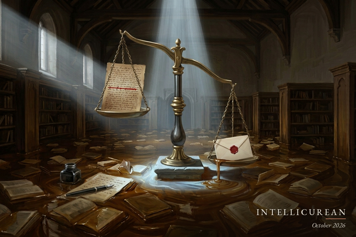 In a library flooded with amber syrup, a brass scale stands on a stone plinth under a shaft of light. A sealed, unopened envelope outweighs a handwritten page with one line struck through in red.